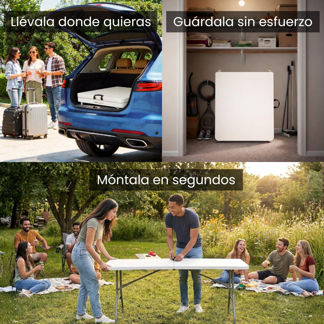 edihome Mesa Plegable 180x68x74 cm para Comedor, Camping, Jardín y Catering – Mesa Portátil Resistente para Interior y Exterior, Fácil de Transportar (Blanco)
