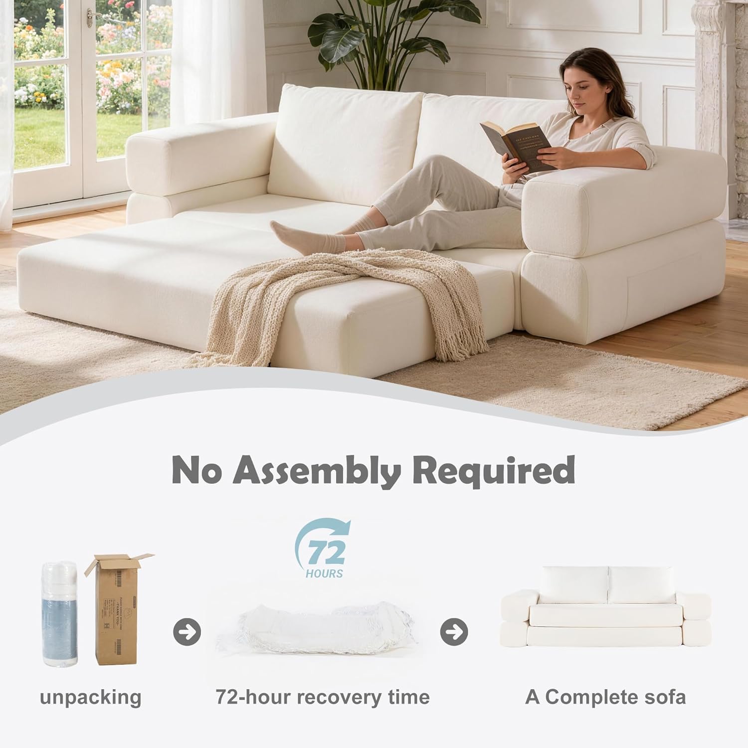 74 Inch Boneless Couch,3-in-1 Folding Convertible Sofa Bed with Reversible Chaise,Oversized Corduroy Upholstered,Linen Upholstered Loveseat with Two Throw Pillows for Living Room Bedroom (White)