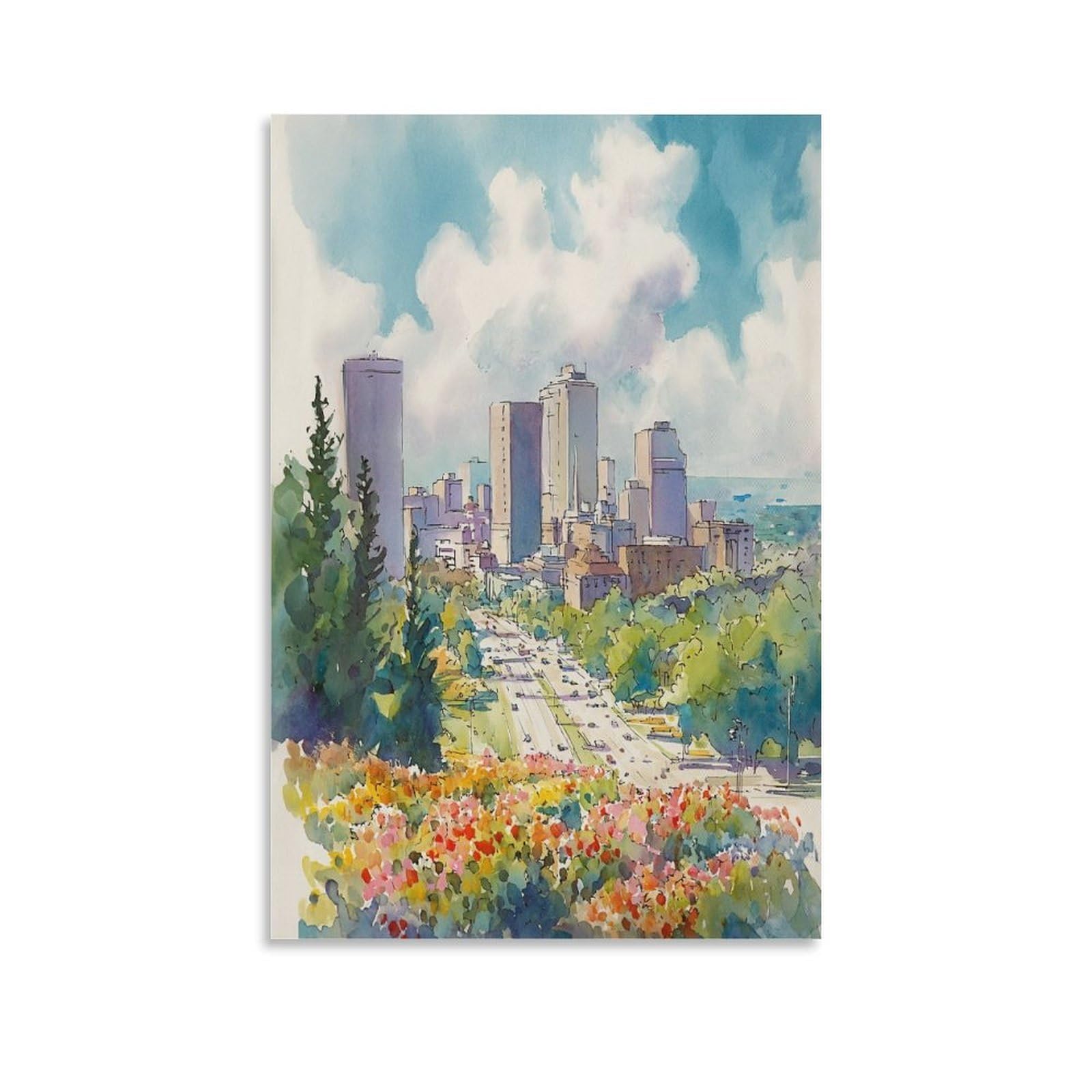 XWYMXZ Calgary Watercolor Painting Canada Travel Poster 24x36inch(60x90cm) Vintage Watercolor Canvas Art