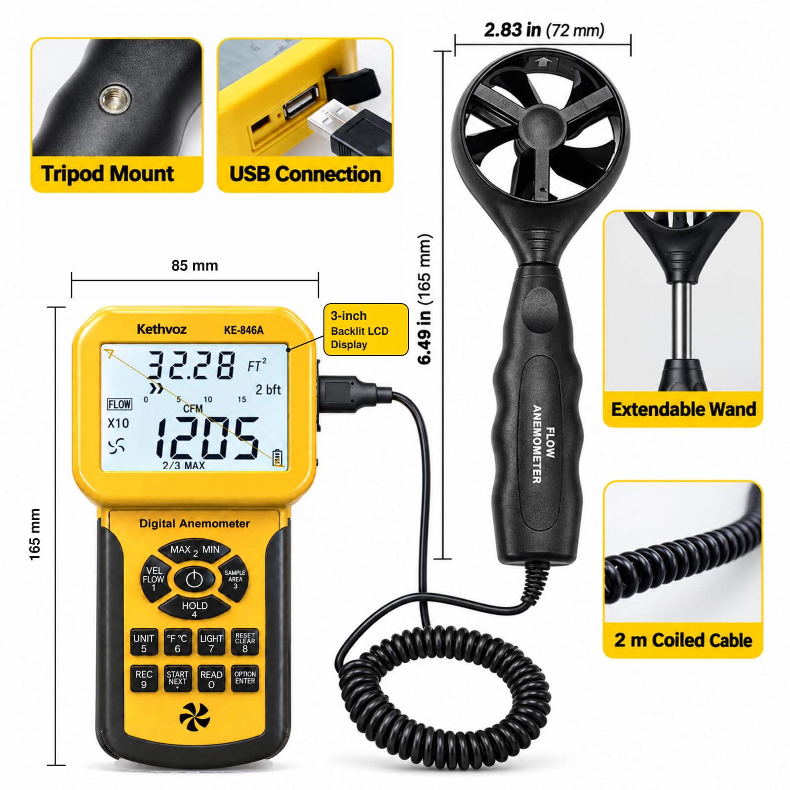 HVAC Anemometer CFM Air Flow Meter, Kethvoz Digital Wind Speed Tester 846A — Amazon image 6