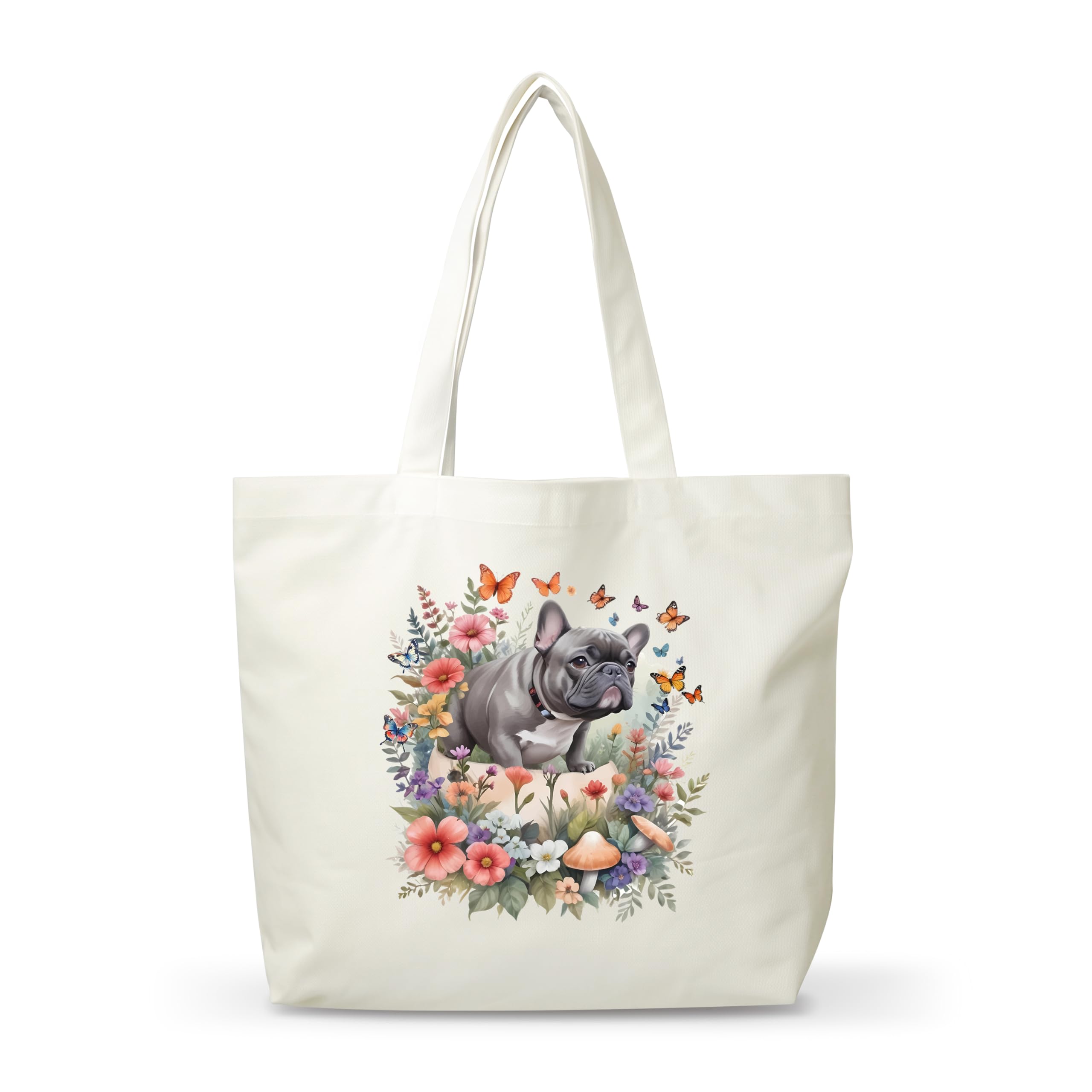 FQPJA Women French Bulldog Canvas Tote Bag, Funny Gifts For Dog Lovers, Reusable Grocery Folding Shopping Tote, Aesthetic Flower Shoulder Bag,