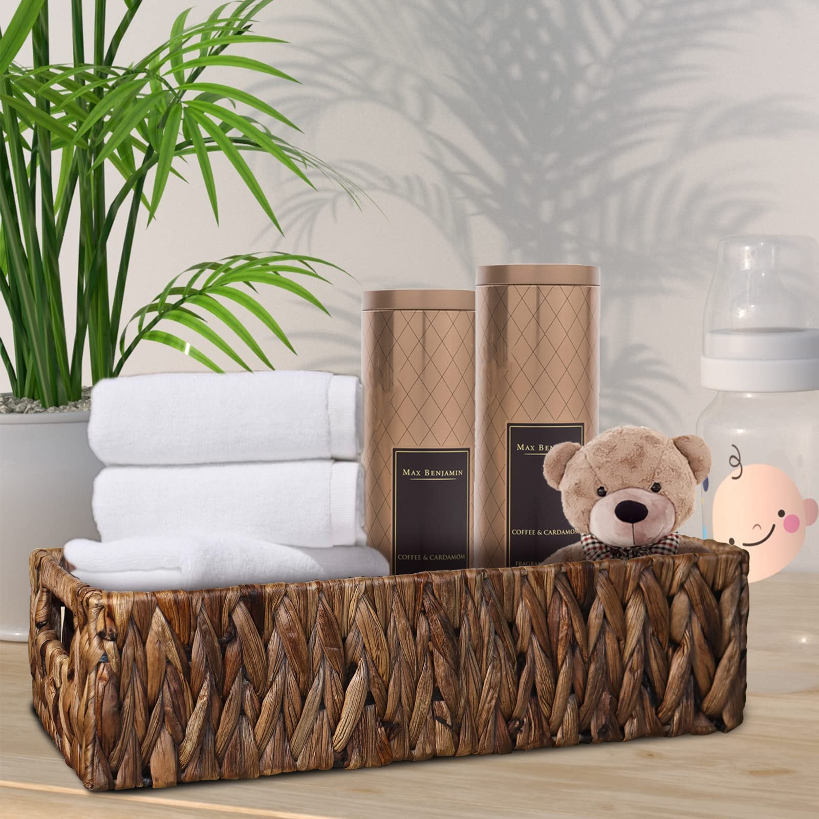 HOSROOME Cesta de almacenamiento de jacinto de agua para estantes, cestas de mimbre para organizar papel higiénico, cesta decorativa para armario, dormitorio, baño, entrada, escritorio de oficina