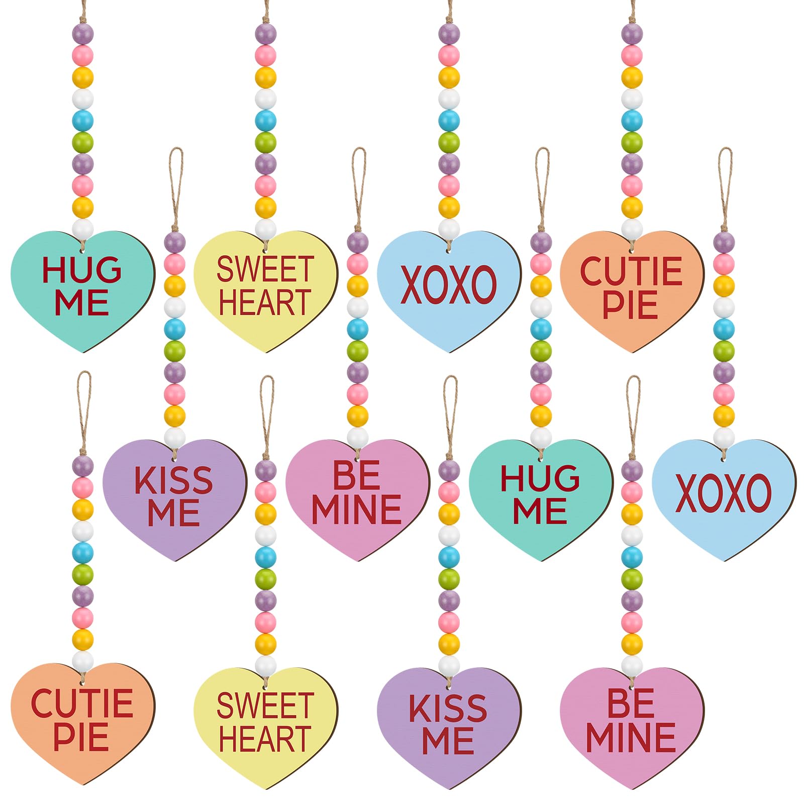 Photo 1 of 12 Pcs Valentines's Day Decoration Conversation Wood Bead Heart Tree Ornaments Kiss Hug Sweet Mine Colorful Valentine Tree Decoration Garland with Rope for Party Wall Home Decor
