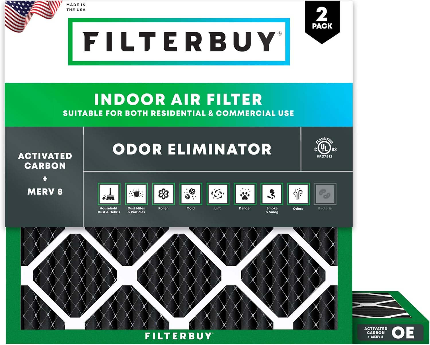 Filterbuy 14x14x1 Air Filter MERV 8 Odor & Allergy Defense with Activated Carbon (2-Pack), Electrostatic Pleated HVAC AC Furnace Filters Replacement, Made in USA (Actual Size: 13.75 x 13.75 x 0.75)