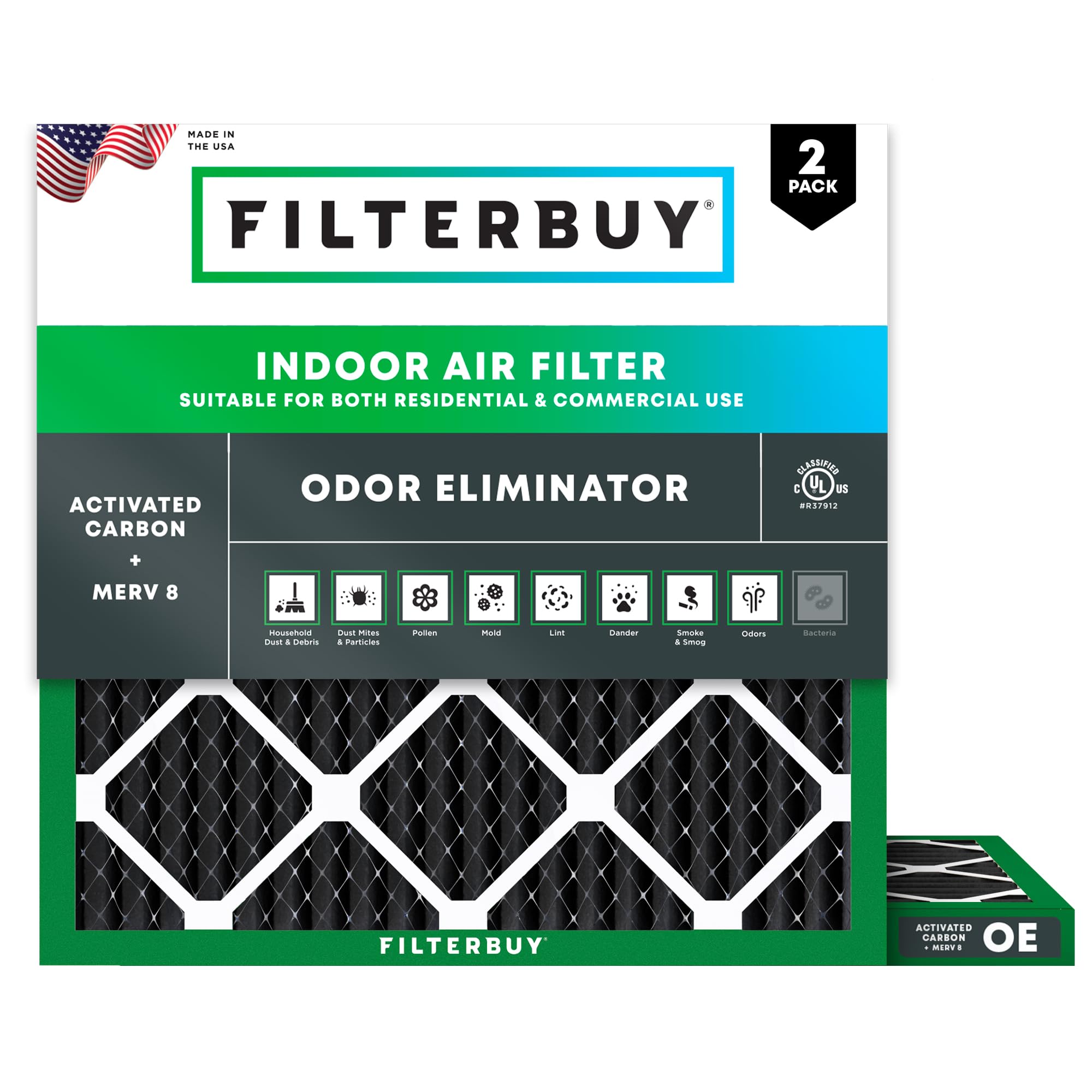 Filterbuy 14x14x1 Air Filter MERV 8 Odor Eliminator (2-Pack), Pleated HVAC AC Furnace Air Filters Replacement with Activated Carbon (Actual Size: 13.75 x 13.75 x 0.75 Inches)