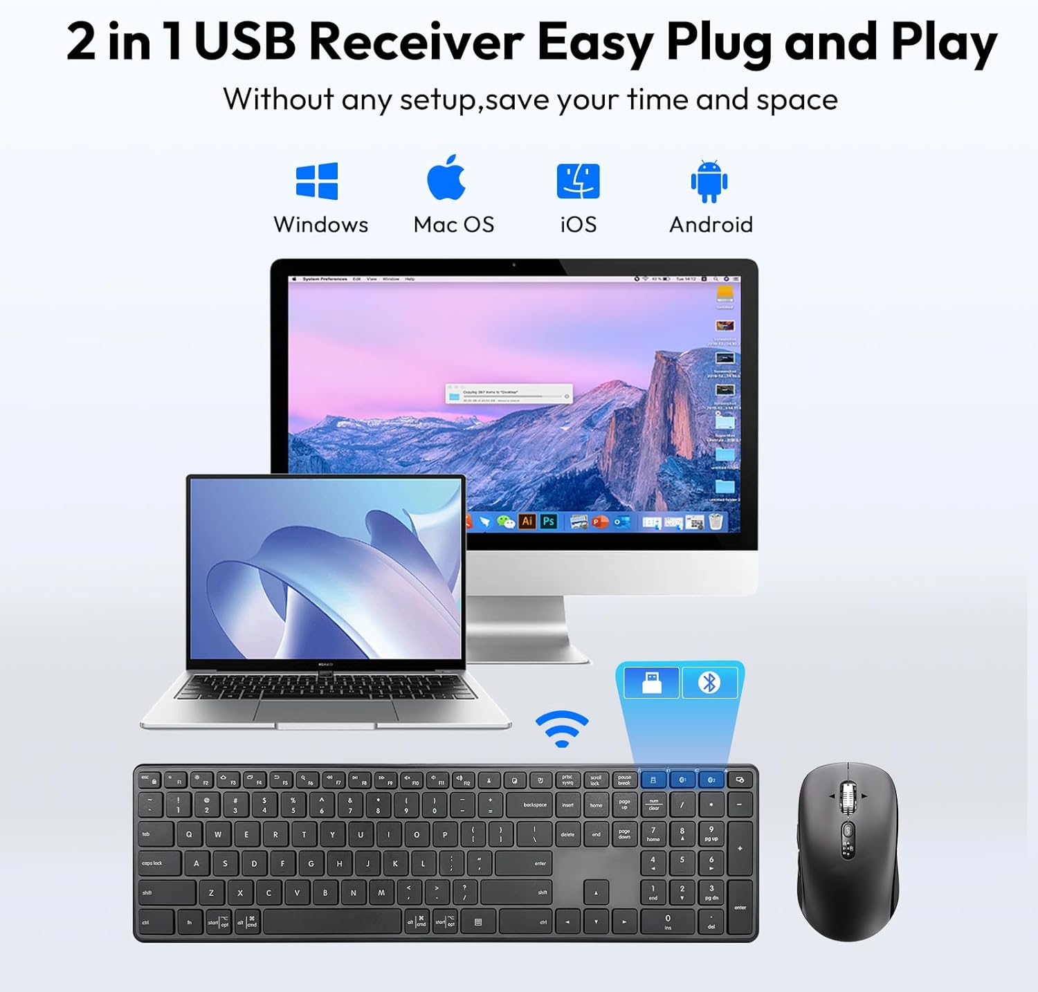 M9250 Wireless Keyboard Mouse Combo,Scissors Mechanism QWERTY Silent Wireless Bluetooth Keyboard and Ergonomic Mouse Set for Windows, iOS, Android, Computer Desktop PC Laptop iPad