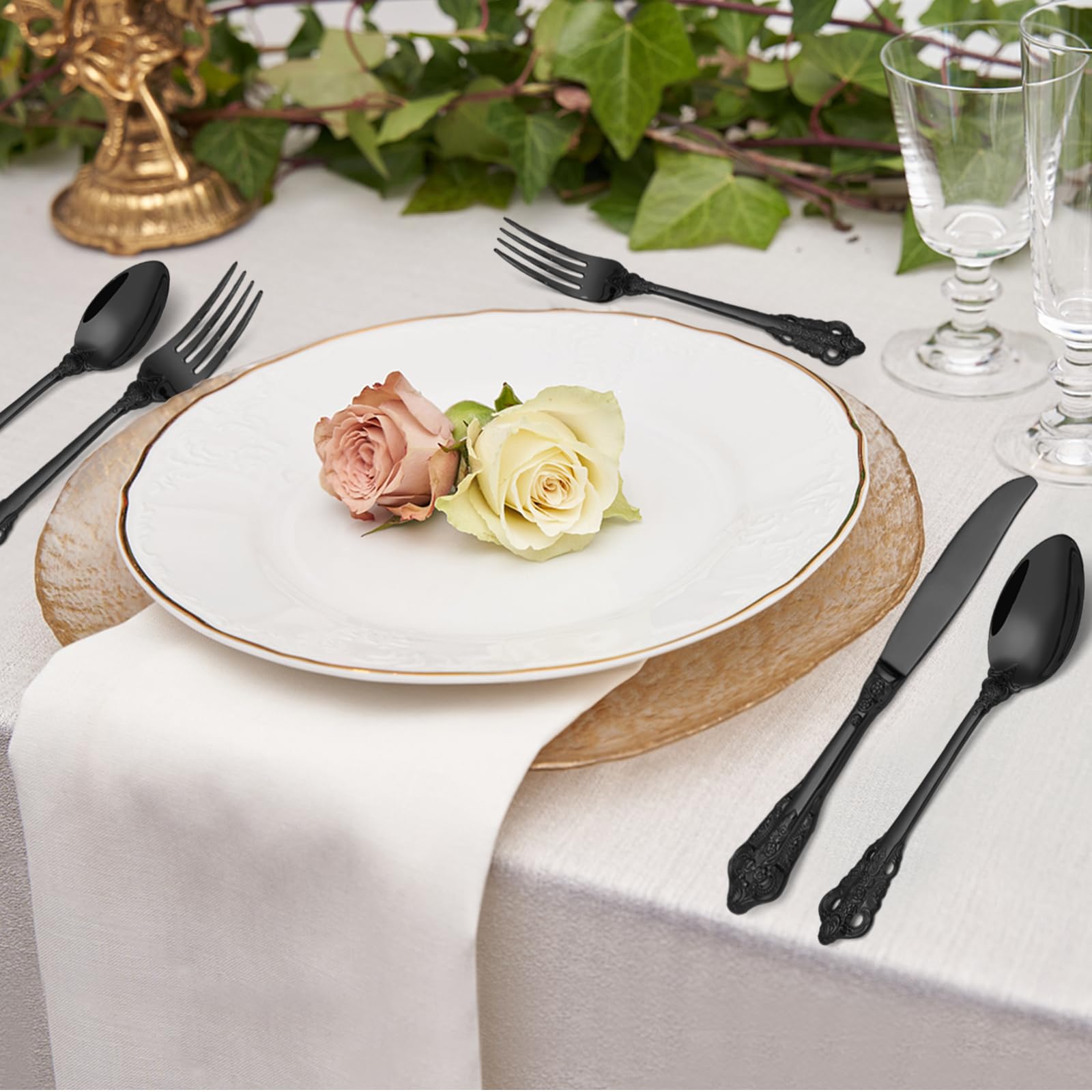 BEWOS Set Posate Palazzo d'Nere 30 Pezzi, Posate Acciaio Inox, Manici in Rilievo, Posate per Famiglia e Banchetti, Confezionati in Regalo, Lavabili in Lavastoviglie