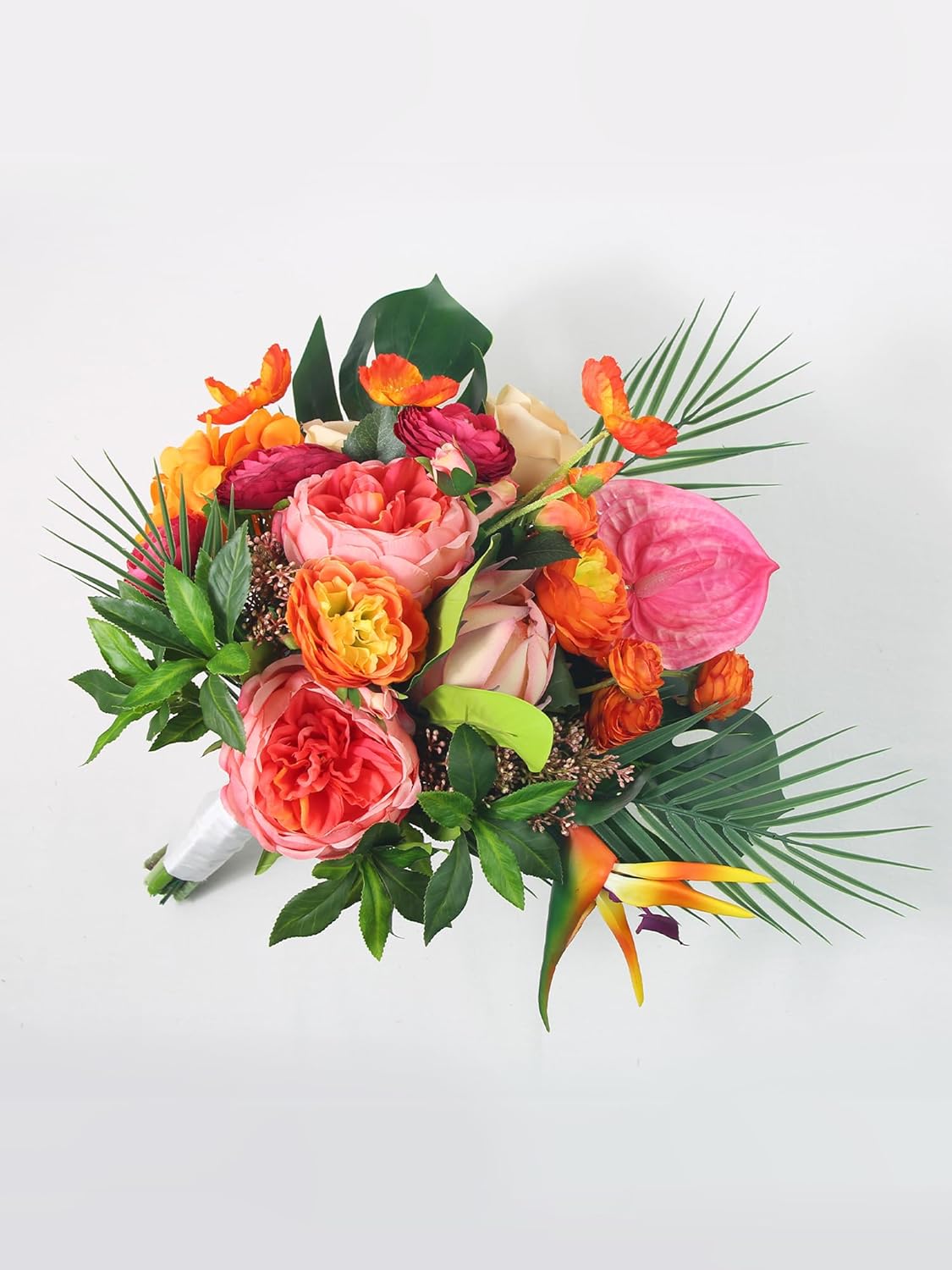 Rinlong 14.5" Tropical Wedding Bouquets for Bride, Orange & Hot Pink Silk Flowers for Beach Ceremony, Ready to Use Premade Lifelike Floral for Summer Destination Wedding