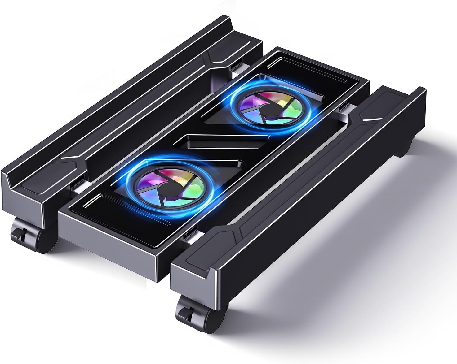 Adjustable computer tower stand with cooler fan and light