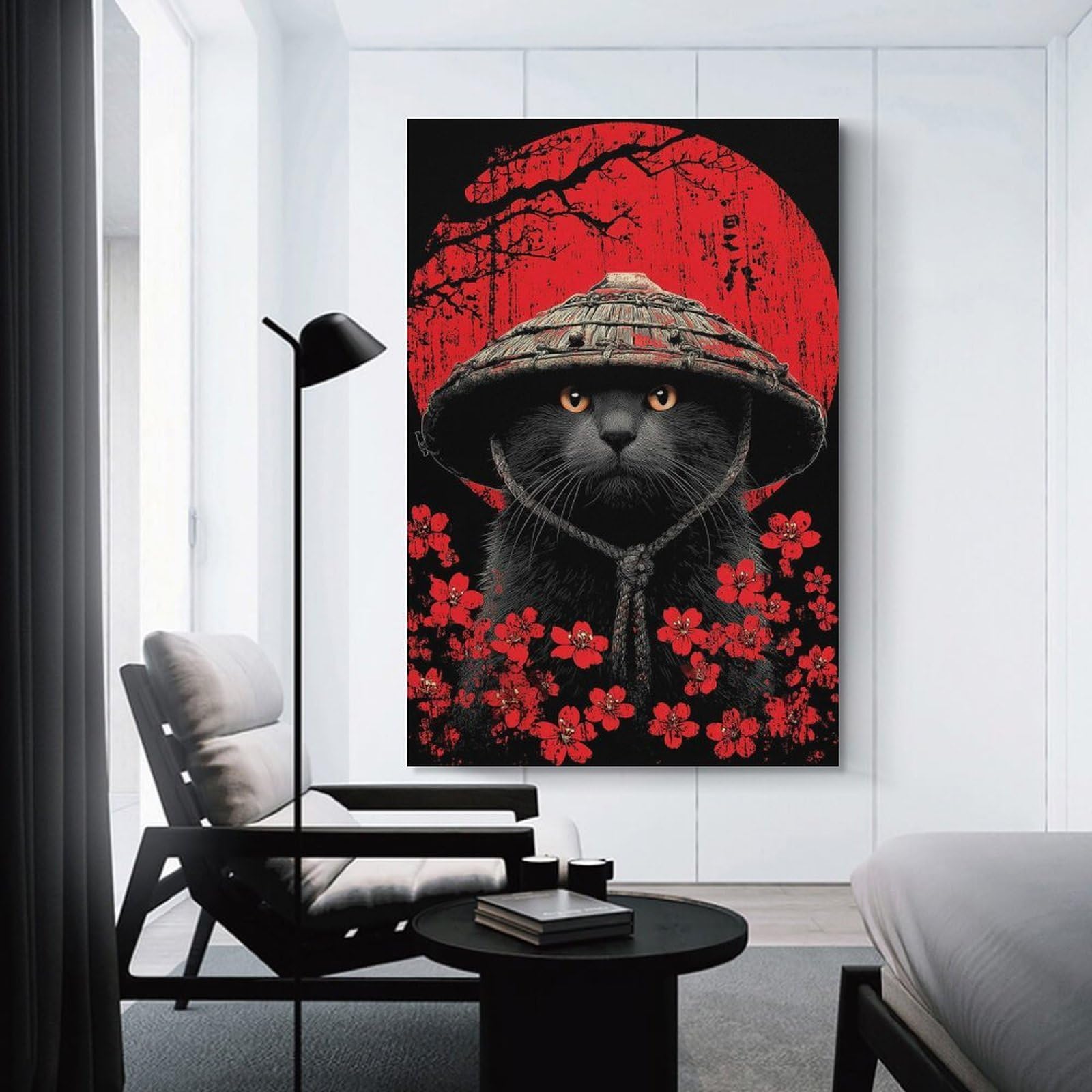 Junmoney Samurai Cat with Red Flowers Wall Decor Canvas Print, 20x30inch(50x75cm), for Bedroom, Lounge Or Dressing Area, Decorative Wall Art for Cosy Rooms
