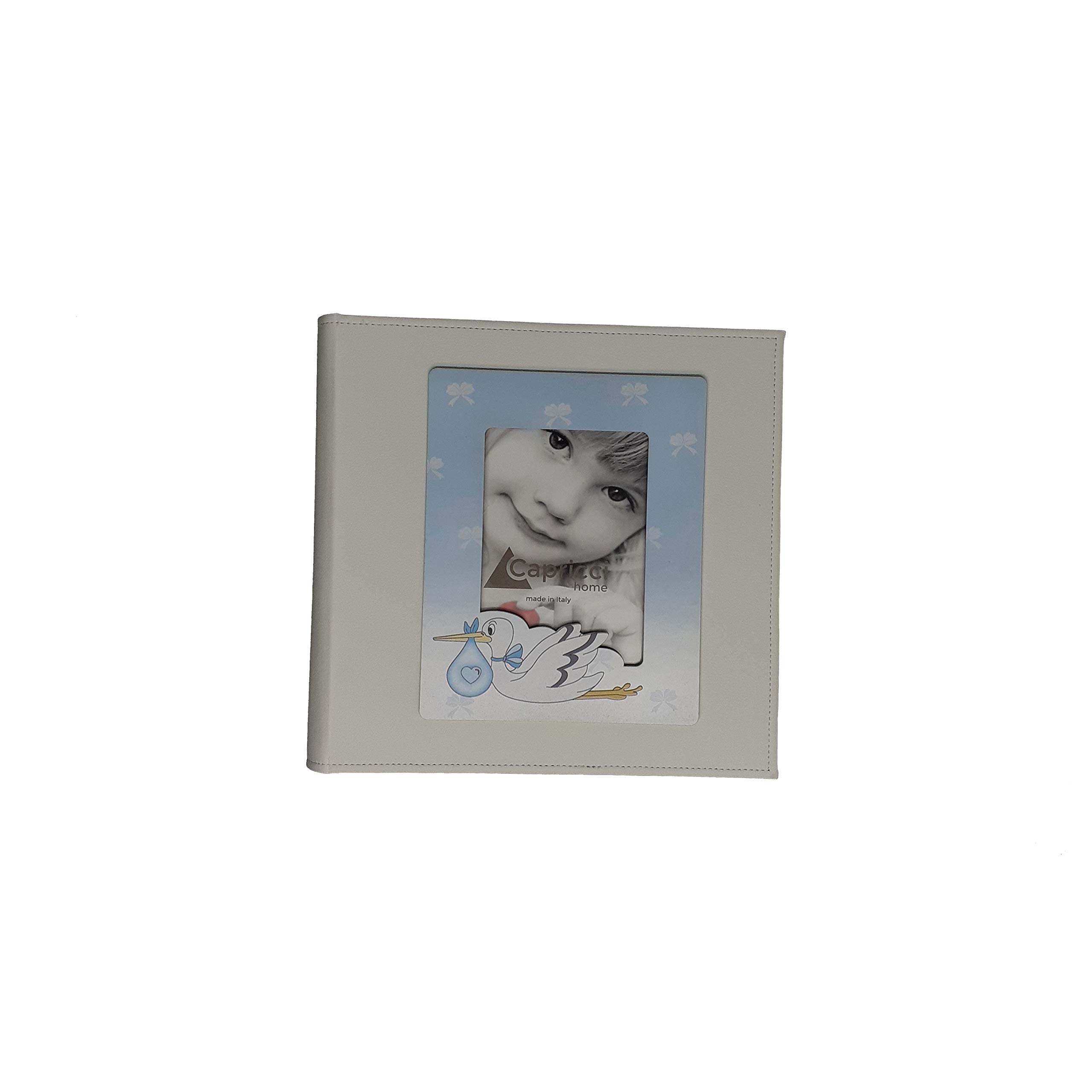 oggettando, Álbum de piel sintética blanca con decoración de cigüeña, en caja de regalo, para nacimiento, bautizo, comunión, regalos útiles, originales y económicos (30 x 30 cm)