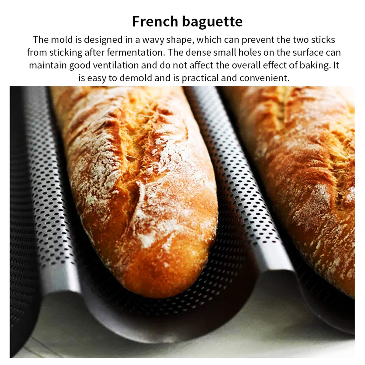Vassoio per baguette, antiaderente, per pane francese, in acciaio al carbonio, forato, stampo da forno per baguette (nero)