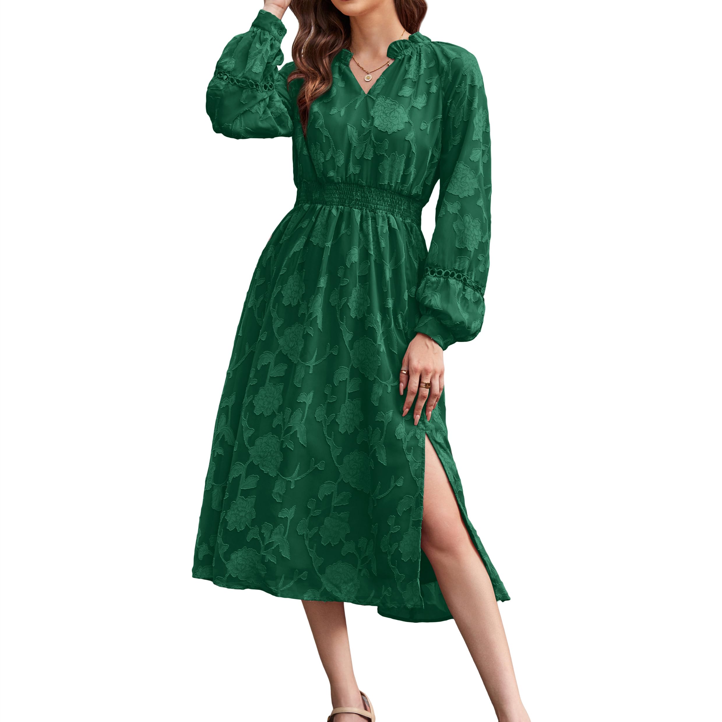 GRACE KARINMidi Dresses for Women UK Long Sleeve V-Neck Cut Flower Print Elastic Waist A-line Swing Casual Dress