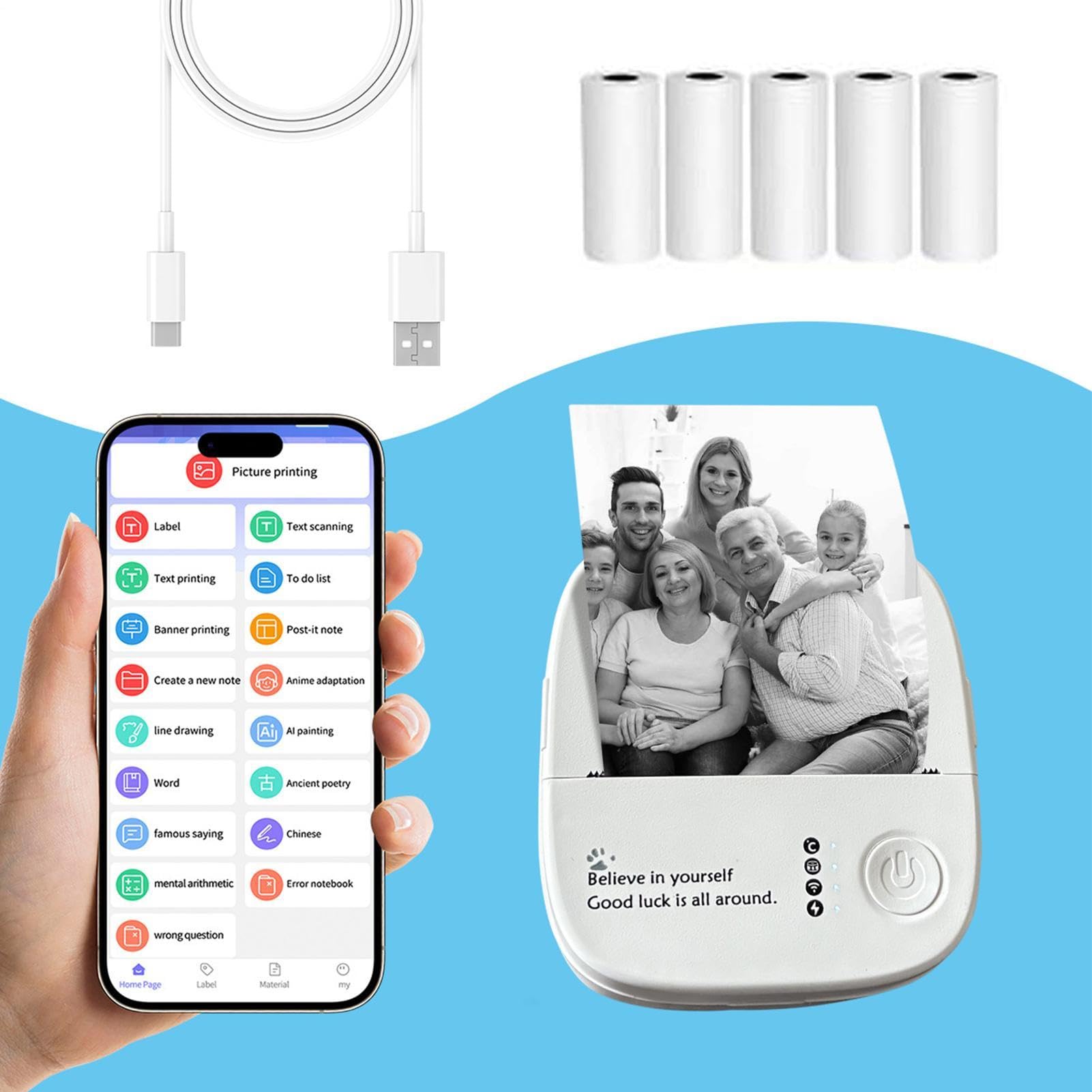 Stampante mobile per adesivi, senza inchiostro, senza fili, con 14 rotoli di carta, per ufficio, casa, scuola, viaggi, diari, appunti, foto