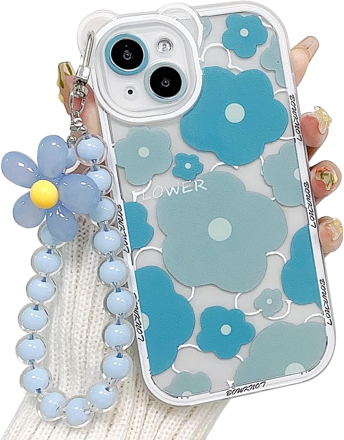 NITITOP Compatible for iPhone 13 Case Clear Floral Bear Camera Lens Case with Lovely Flower Bracelet Chain for Women Girls, Soft TPU Shockproof Cover-Blue