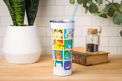 Miniatura 8 de Silver Buffalo Pokemon Character Grid - Vaso de acero inoxidable de doble pared con pajilla, 22 onzas