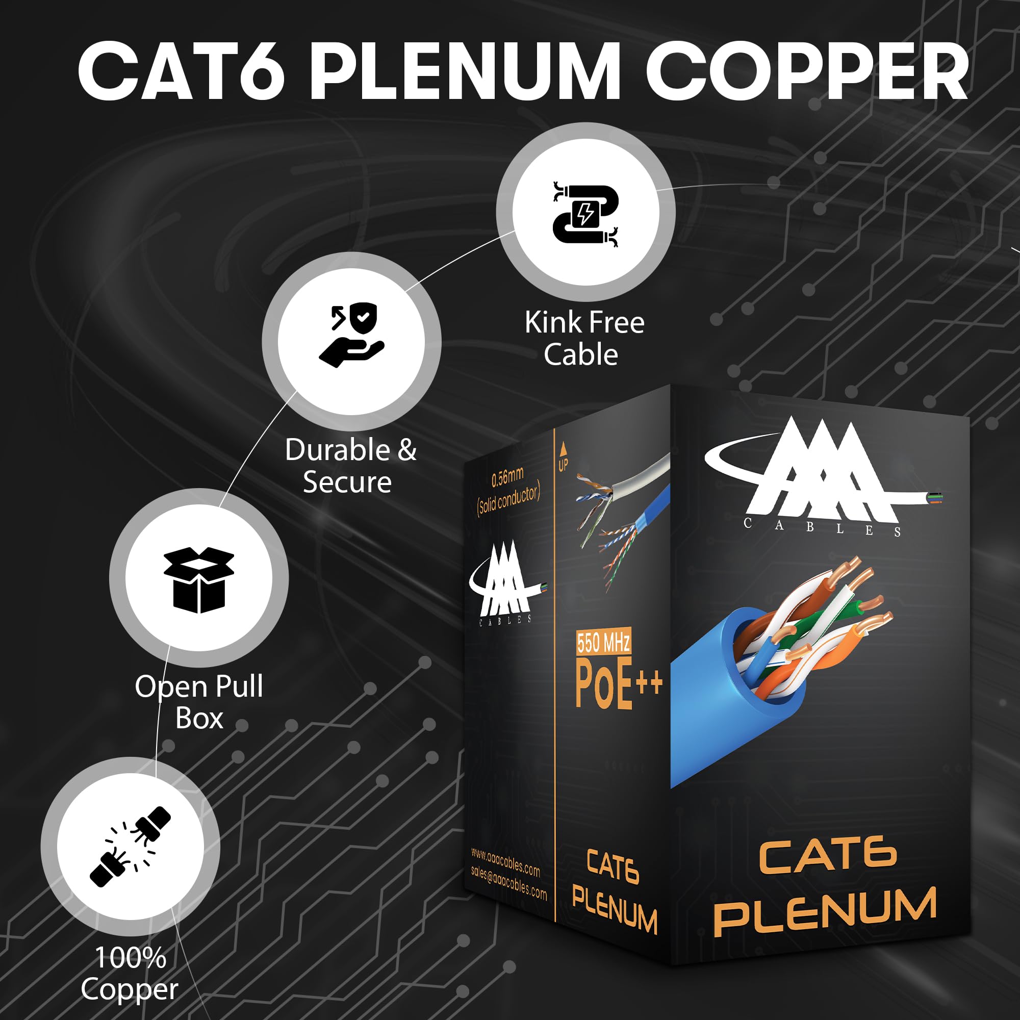 AAA Cables Cat6 Plenum Cable 1000Ft Bare Copper | 23AWG, 550MHz, 10 Gigabit PoE++ (4PPoE) | DSX-8000 Network Analyzer Test Passed | Cat 6 Ethernet Solid Copper | 100% Solid Copper | Black