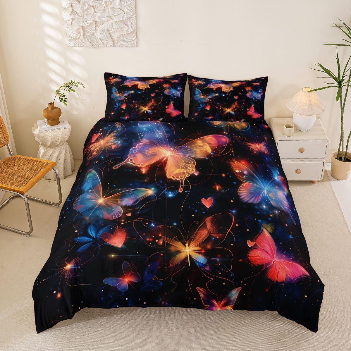 Gradient Butterfly Duvet Cover Set Toddler Size,Galaxy Star Love Heart Bedding Set 2pcs,Sparkling Dreamy Quilt Cover with Zipper Closure,Neon Animal Girls Room Decor, 1 Pillowcase,No Comforter