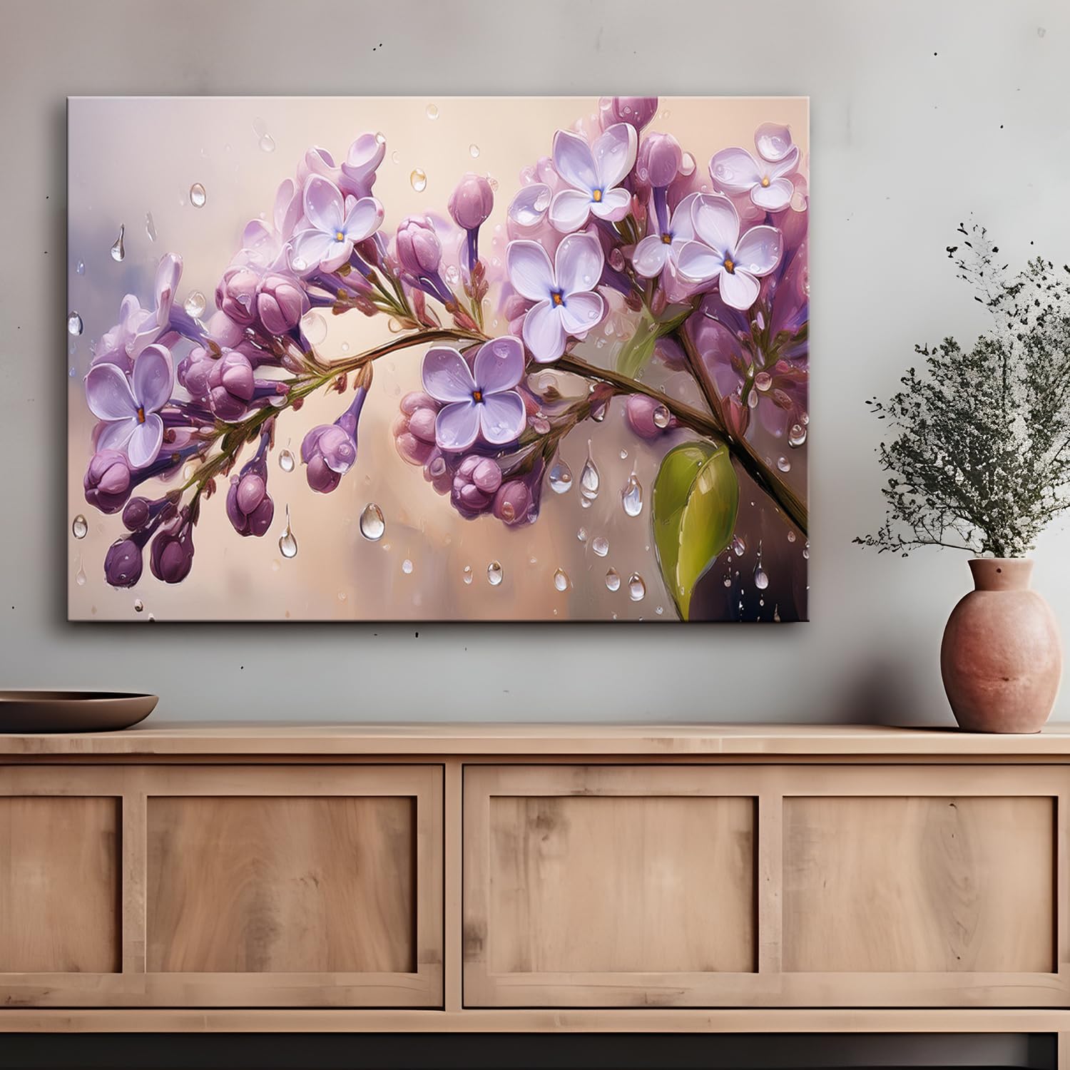 Feeby Quadro su Tela Non Tessuta - Stampa Su Tela - Fiori di lillà Gocce di rosa - 90x60 cm - Decorazione Murale - Moderno Soggiorno - quadri moderni soggiorno - poster