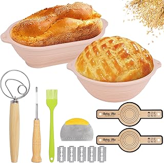 Sourdough Bread Basket, Silicone Bread Making Accessories, Sour Dough Bread Proofing Basket, 9 Inch Round & 10 Oval Baking Kit with Bread Lame, Bread Whisk, Dough Cutter, Sour Dough Starter Kits