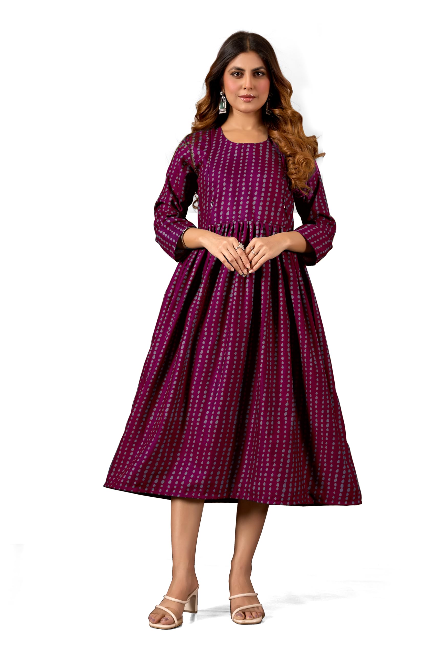 cobli Rajwada Dress Women’s Printed Maternity Kurti – Comfortable Rayon Feeding Dress for Pregnancy & Baby Shower – Ethnic Anarkali Design with FlaWine Fit & 3/4 Sleeves-picture-17