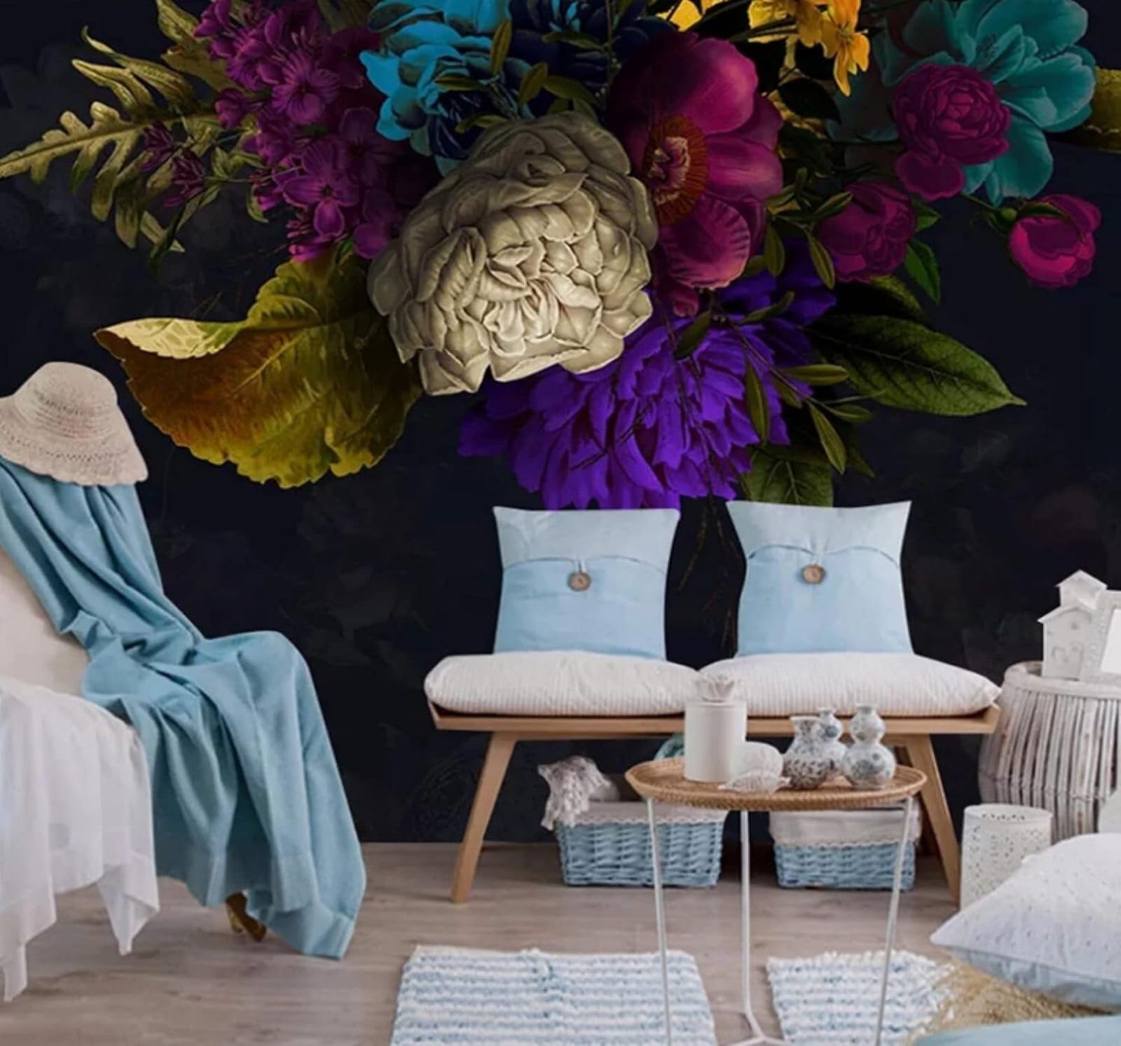 Wallpaper-3D-Xlm 150Cm×105Cm(B×H) Retro Three Dimensional Beautiful Colourful Flowers 3D Wallpaper Easy Install Feature Office Living Room Sofa Bedroom Tv Background Wall Decoration-150Cm×105Cm
