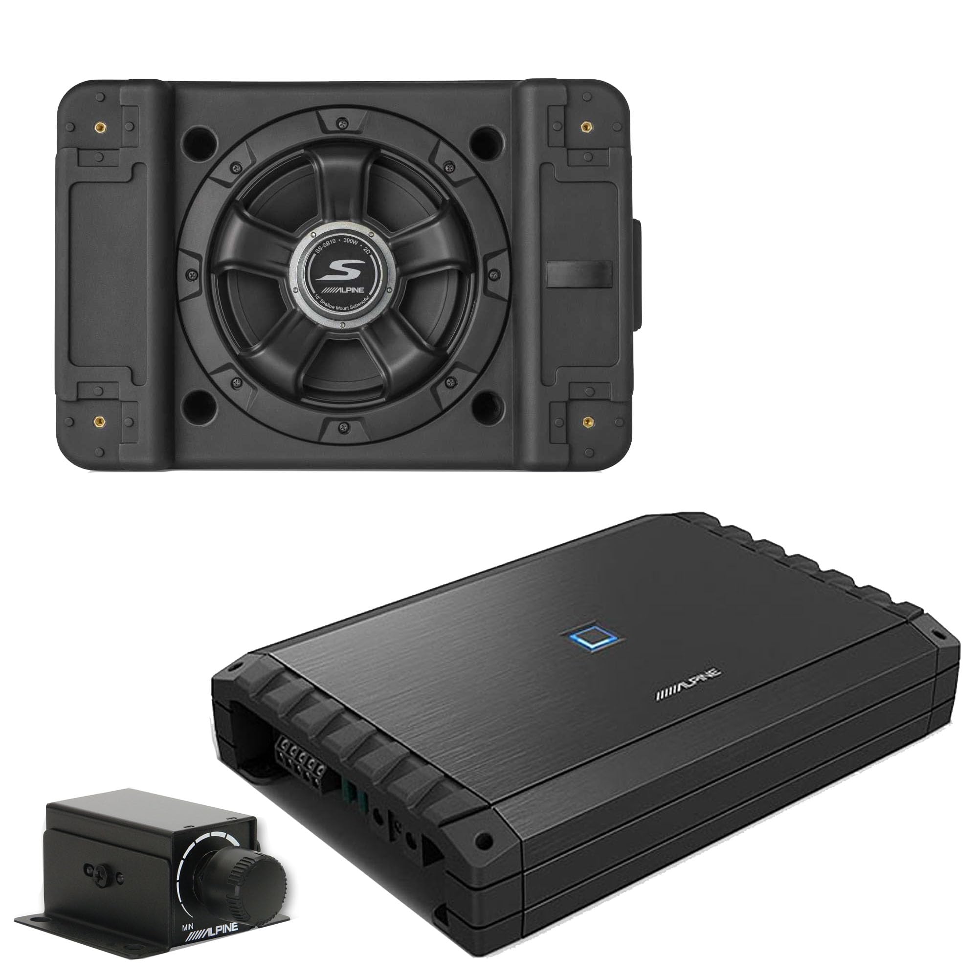 Alpine S2-A55V S-Series 5-Channel Amp/Rux Knob & SS-SB10 Single 10” S-Series Shallow Preloaded Subwoofer Enclosure