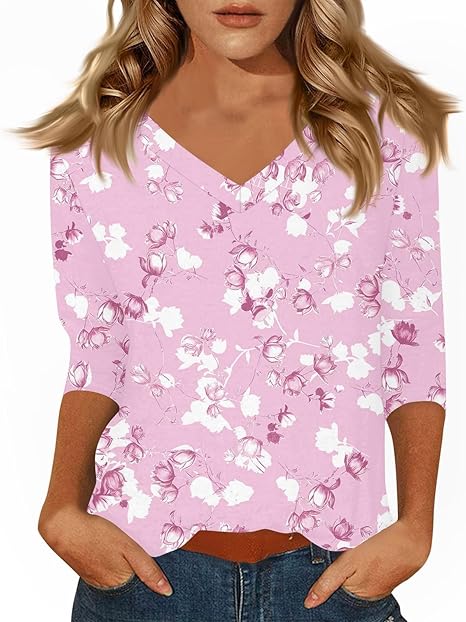 HTHLVMD Womens 3/4 Length Sleeve Tunic Tops Summer Fall Outfits 2025 Three Quarter Sleeve Casual V Neck T Shirts for Women