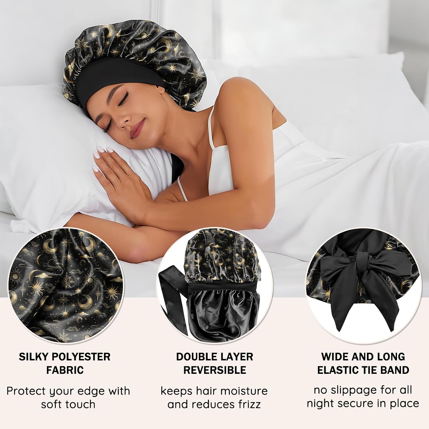 Satin Hair Braid Bonnet for Sleeping Double Layer Elastic Wide Soft Tie Band Hair Silk Lined Sleep Cap Women Girls