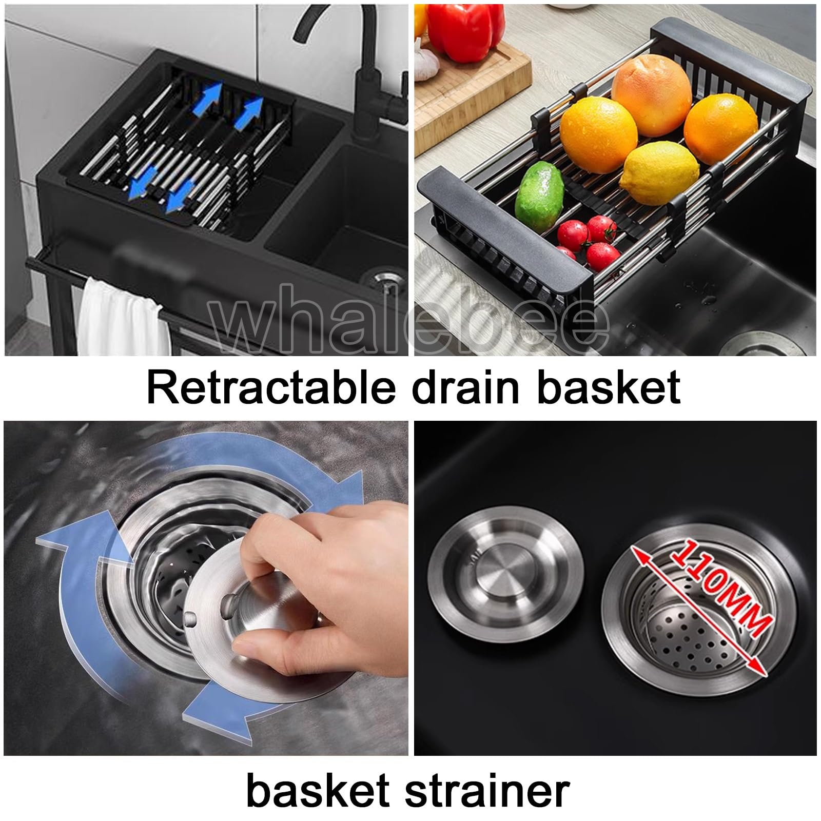 Spültisch Garten Spüle, Kitchen Spüle Mit Lagerregal, Handtuchhalter Edelstahl-Spüle L 55 68 80 90 × B 45 × H 86cm Schwarz Spülbeckenset Mit Abtropfgestell, Wasserhahn, Wasserrohre