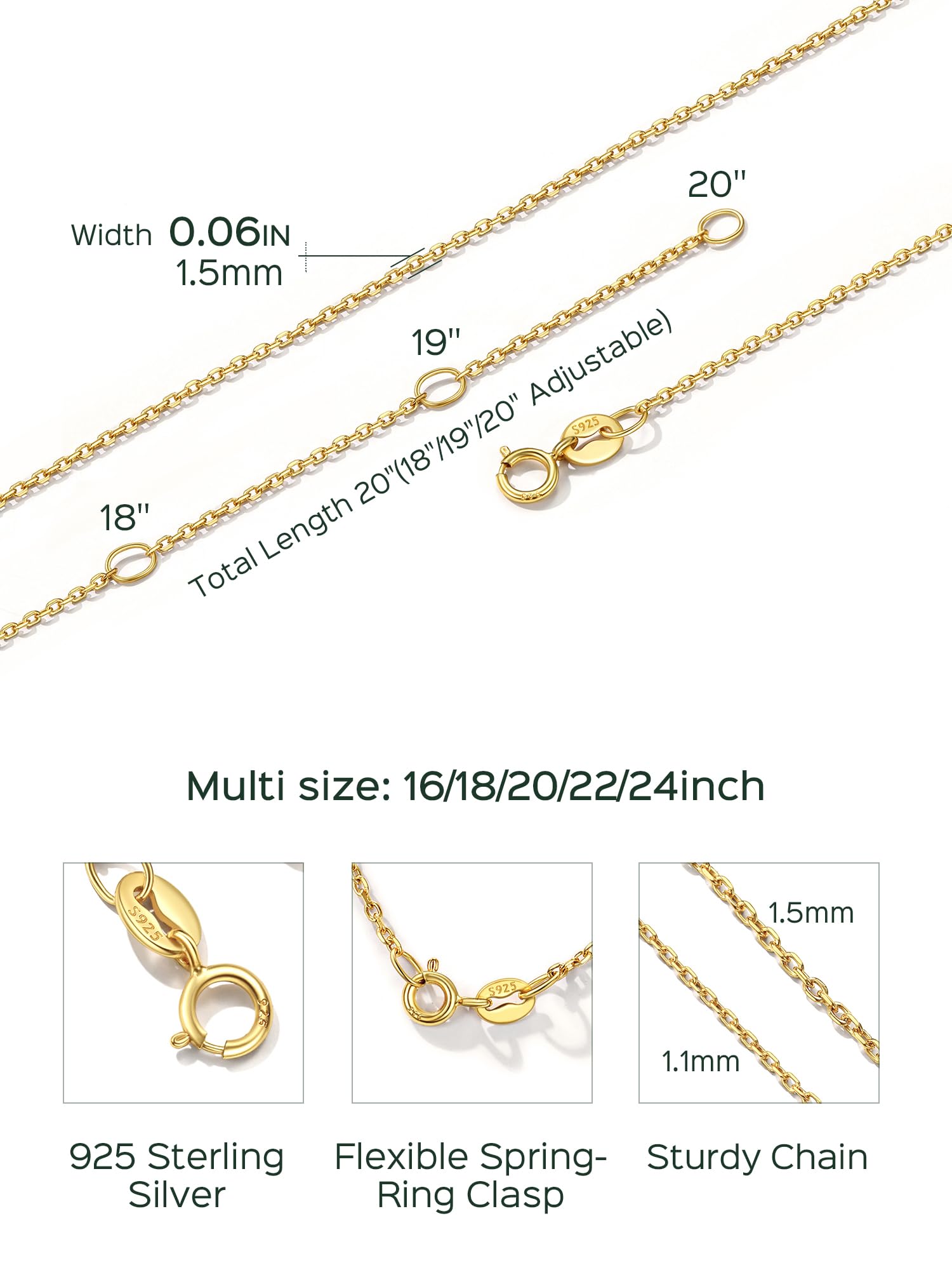ChicSilver Chaîne Collier en Sterling Argent 925 pour Femme,Maille Plaqué Or 18 Carats Largeur 1,1/1,5 mm-Longueur 40 à 60 cm,Colliers Chaine Rolo pour Pendentif avec Boîte Bijou Cadeau