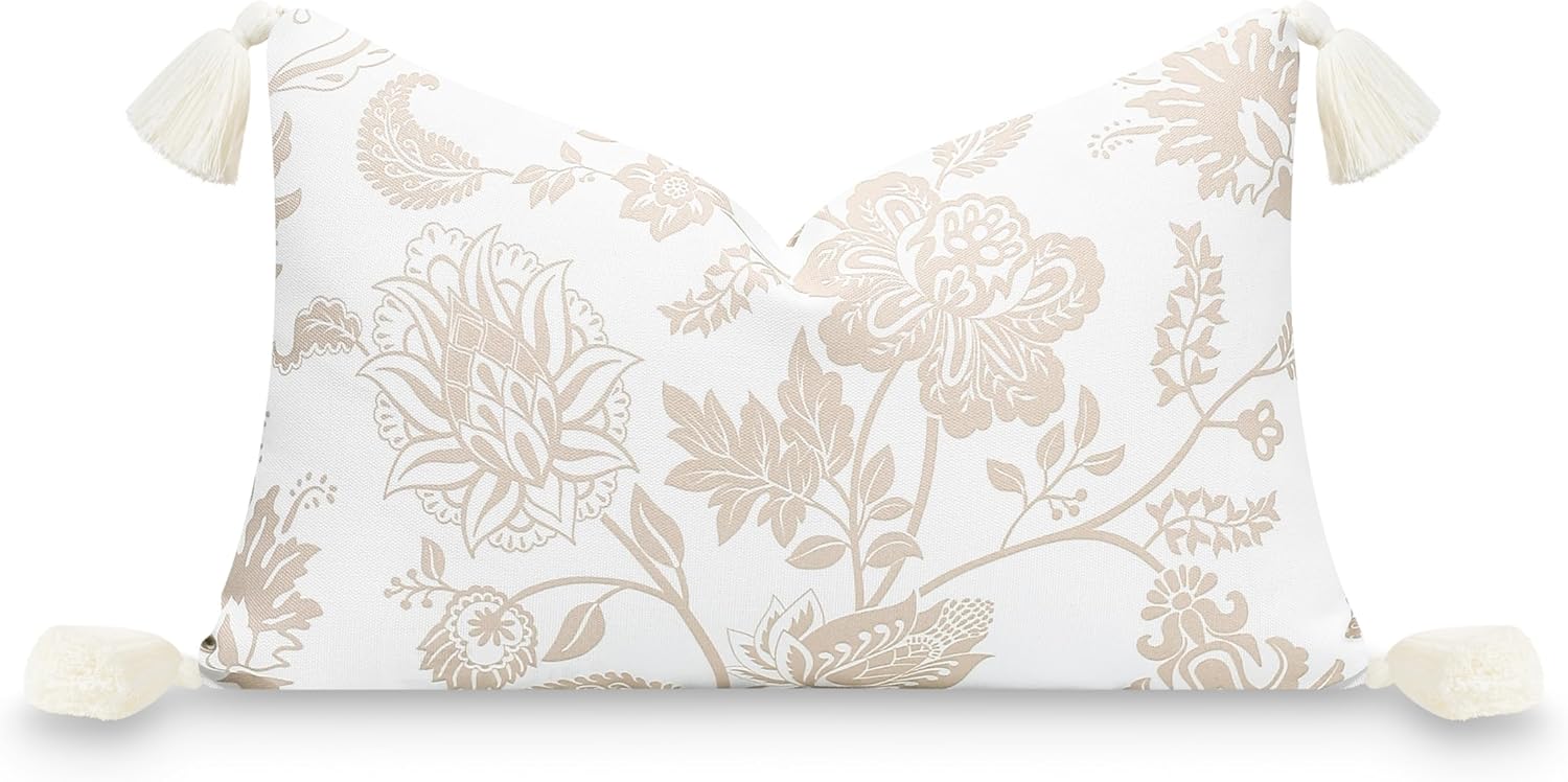 Hofdeco Premium Fall Coastal Patio Indoor Outdoor Lumbar Pillow Cover Only, 12"x20" Water Repellent for Backyard, Couch, Neutral Tan Floral Tassel