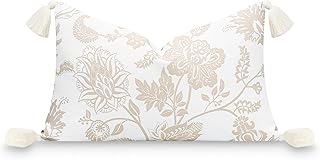 Hofdeco Premium Fall Coastal - Funda de almohada lumbar para patio interior y exterior, repelente al agua, 12 x 20 pulgadas, para patio trasero, sofá, borla floral marrón neutro