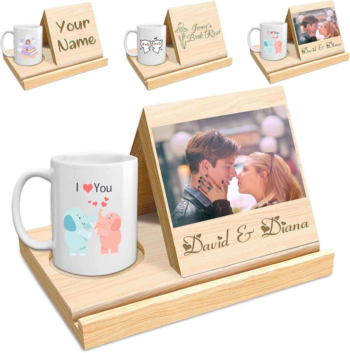 Personalized Photo Wooden Triangle Book Holder Custom Solid Oak Wood Book Stand with Coffee Drink Holder Customized Book Rest Gift for Readers Teachers Writers