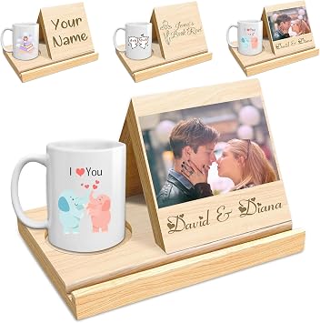 Personalized Photo Wooden Triangle Book Holder Custom Solid Oak Wood Book Stand with Coffee Drink Holder Customized Book Rest Gift for Readers Teachers Writers