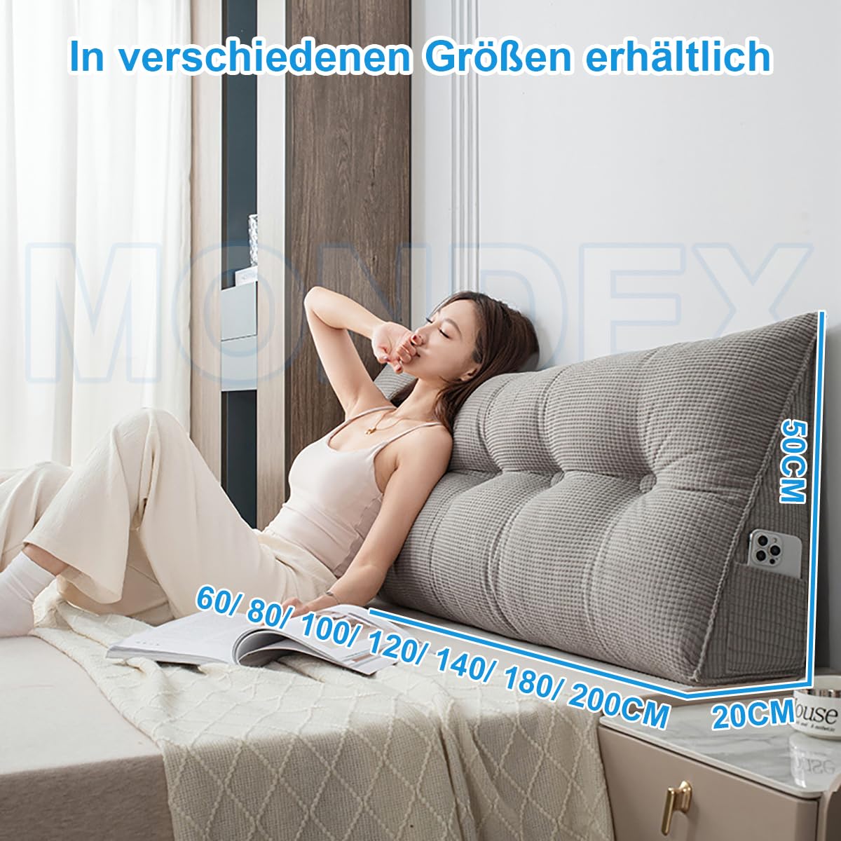 Almohada grande verde de apoyo para la espalda para cama y sofá, cojín de lectura lavable, 140 x 50 x 20 cm, ideal para comodidad y apoyo postural, perfecto para sofá y cama