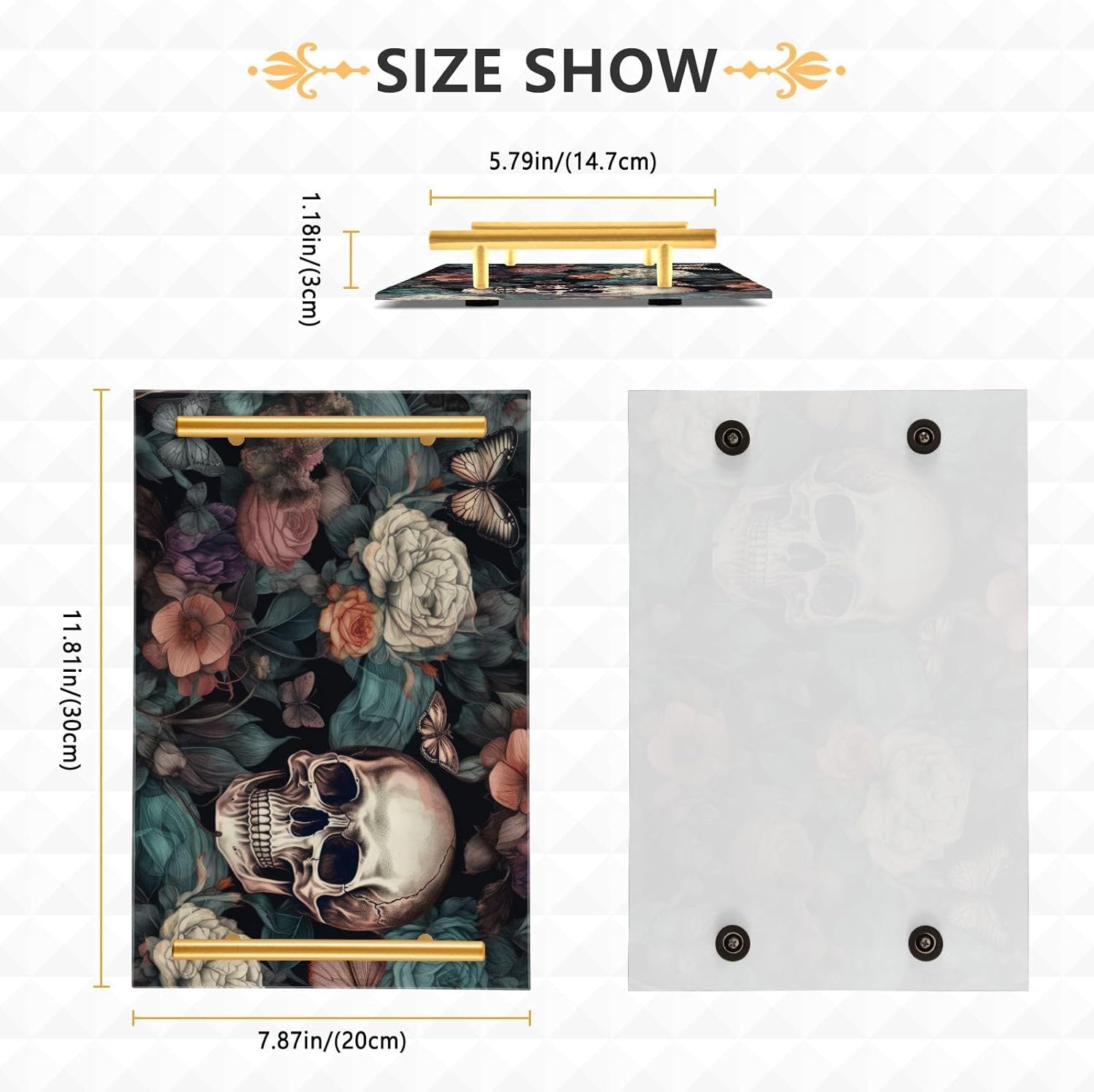 Decorative Tray Skull Butterflies Print, Acrylic Serving Tray Coffee Table Tray with Metal Handles for Bathroom Living Room Bedroom 7.87×11.81 in