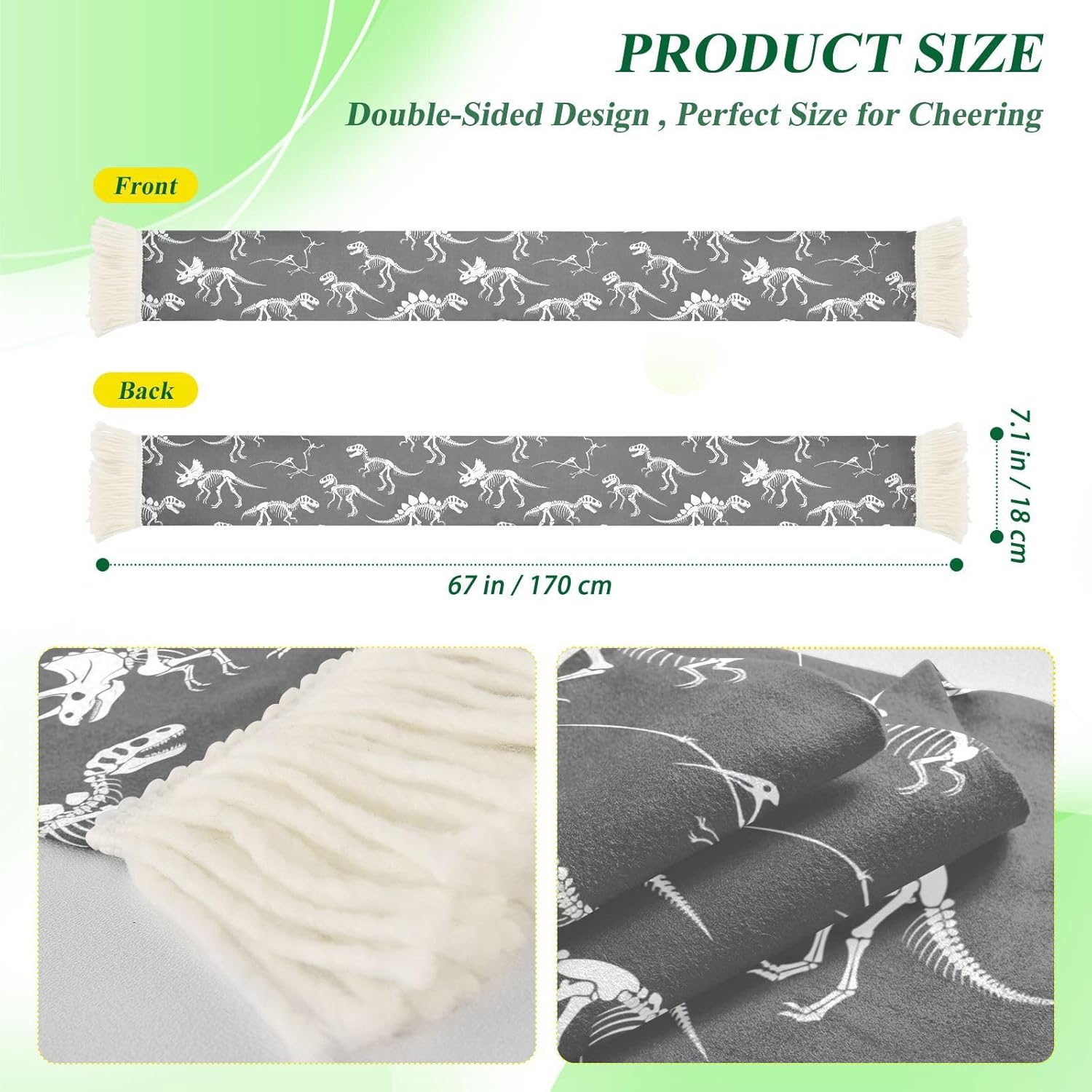CHIFIGNO White Dinosaur Skeleton Gray Sports Fan Scarf for Soccer Fans, Soft Polyester Sweat Towel Wrap with Fringe Ends, Quick Dry Cheering Banner