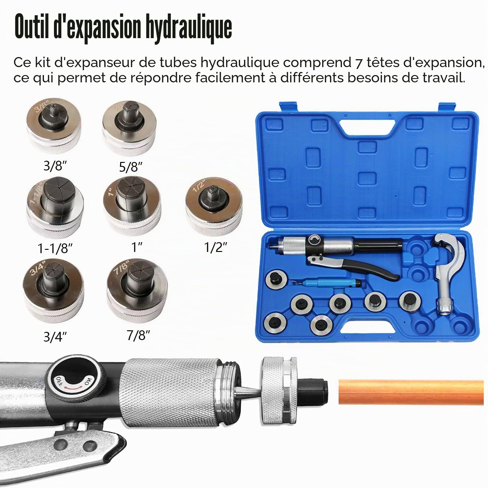 Extenseur Tube Hydraulique, Kit D'outils Sertissage Tuyau Hydraulique Avec Outil D'ébavurage Coupe-Tube Et 7 Têtes D'expansion Pour Tuyaux En Cuivre 3/8 à 1-1/8'' Outils D'extension Cvc (3/8"~1-1/8")