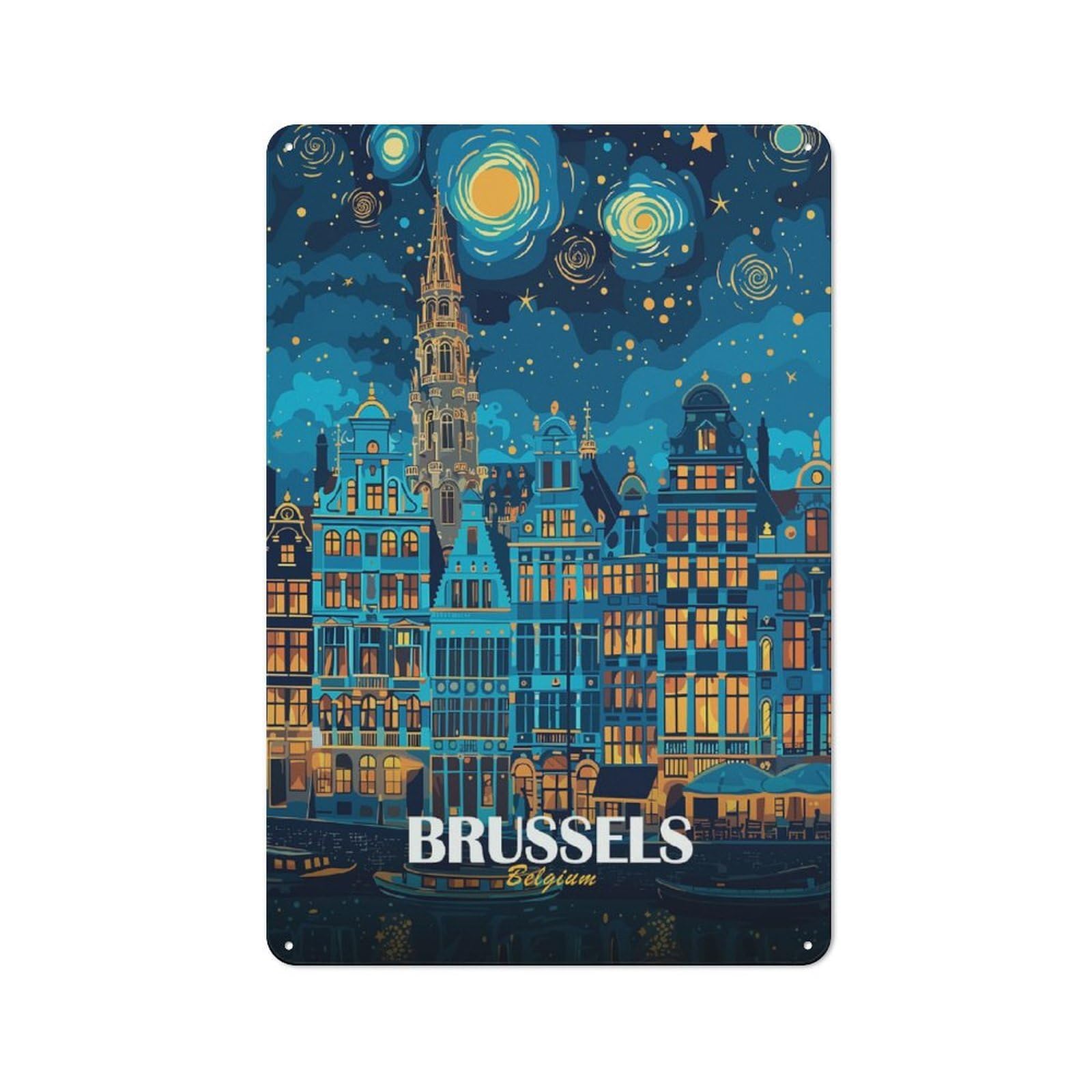 Junmoney Style-15 Brussels Belgium Night Cityscape Decorative Tin Plaque 30X20cm, Decorative Novelty Wall Art For Hallway, Home Bar, Garage Or Study