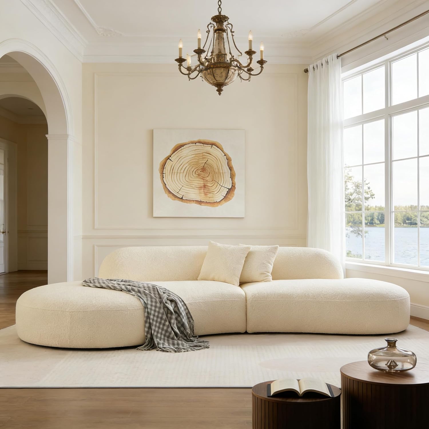 135.4″ Luxury Curved Sectional Sofa, Modern Beige Couch,