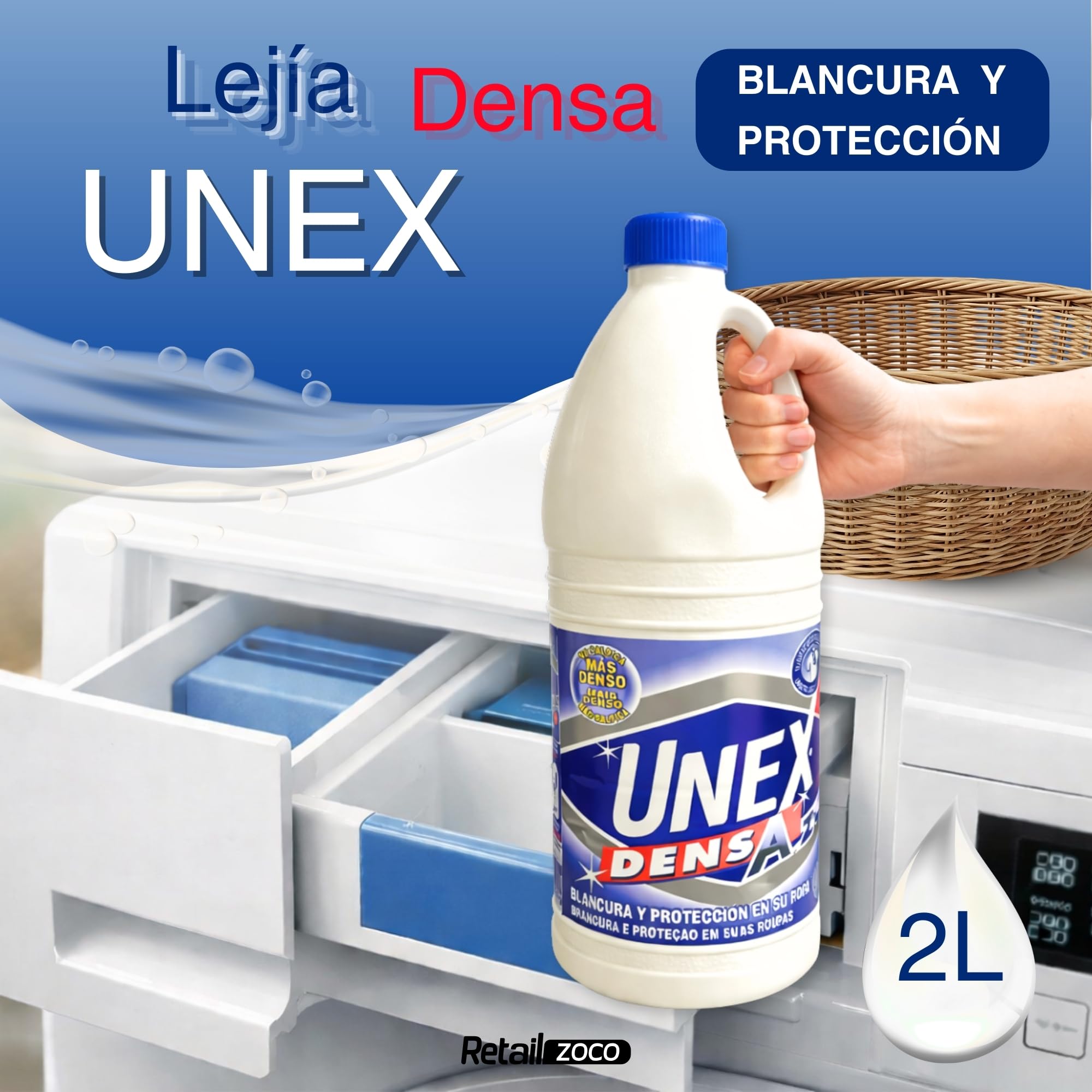 Lejía Densa Azul, ideal para blanquear y desodorizar ropa y superficies del hogar como suelos, azulejos, baños y cocinas, evitando salpicaduras y desinfectando a fondo, Contiene 1 botella de 2 Litros