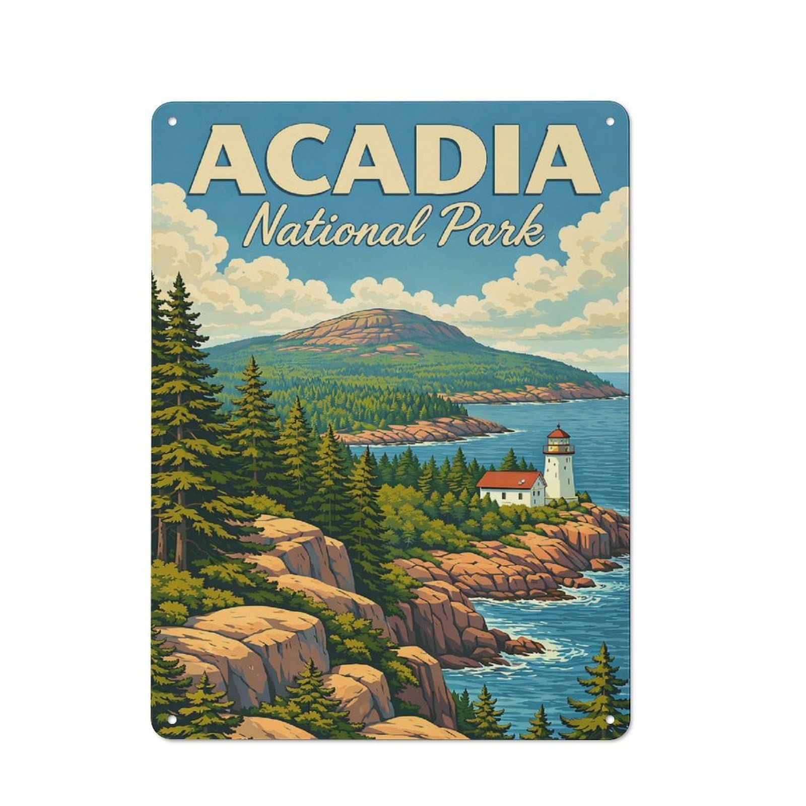 Junmoney Style-17 Acadia National Park Vintage Travel Poster Maine Coastal Lighthouse & Cadillac Mountain Art Retro Metal Sign 40X30cm, Distressed Look Retro Room Decor For Living Room, Hallway, Kitchen Or Cafe