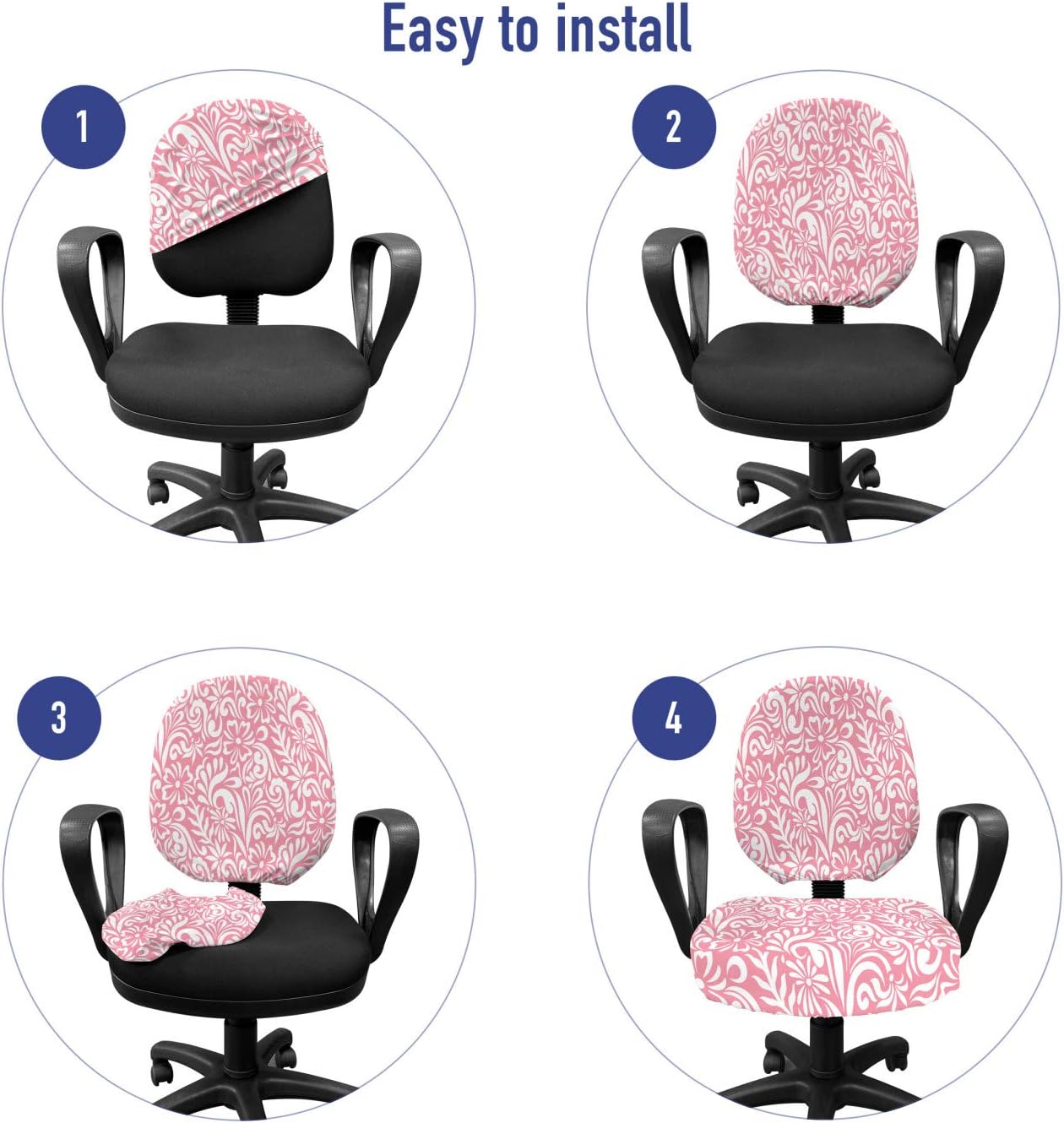 Ambesonne Pink Damask Office Chair Slipcover, Monochrome Simplistic Romantic Cartoon Flowers Leaves Continuous Pattern, Protective Stretch Decorative Fabric Cover, Standard Size, White Pink