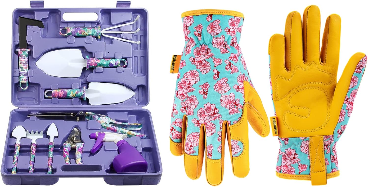 10PCS Purple Garden Tools Set & Leather Gardening Gloves for Women : Patio, Lawn & Garden
