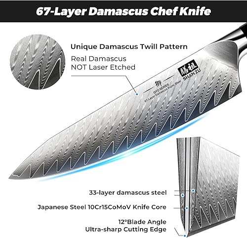 Miniatura 2 de SHAN ZU Cuchillo de chef de Damasco de 8 pulgadas, cuchillo de cocina japonés de acero, cuchillos profesionales de cocina de alto carbono, súper