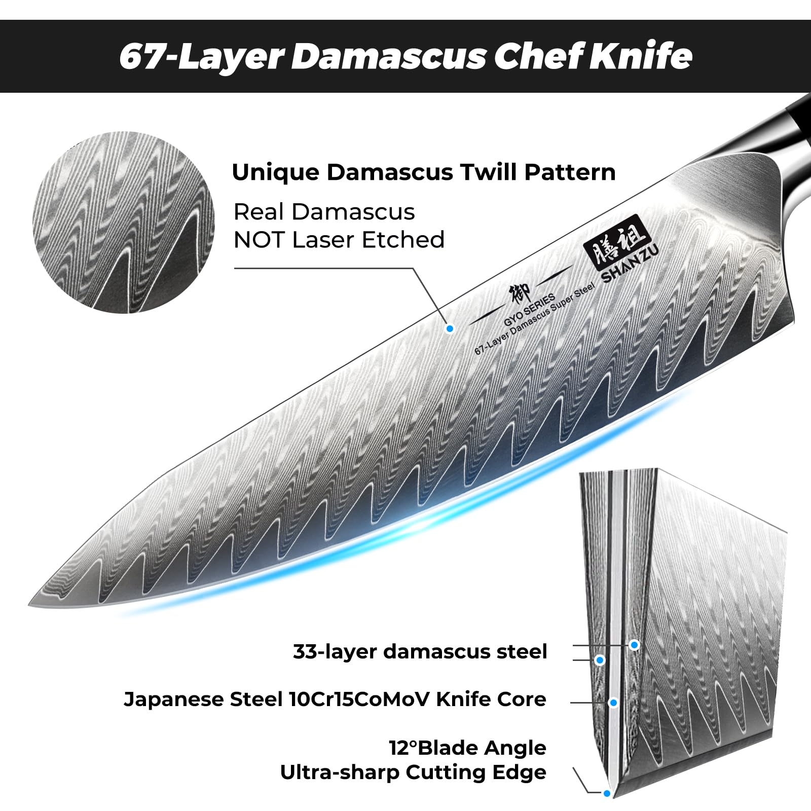 SHAN ZU Coltelli da Cucina Damasco 21cm Giapponese Coltello da Chef in 67 Strati Damasco 10Cr15MoV Acciaio ad Alto Tenore di Carbonio Professionali Coltello Multiuso con Manico in fibra di vetro G10