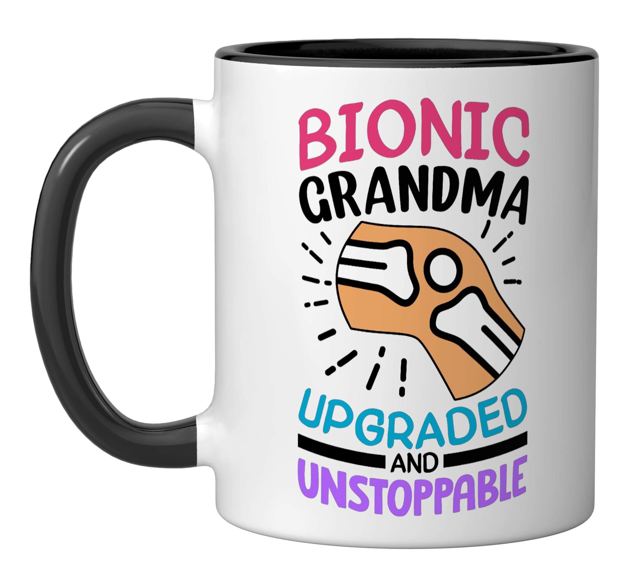 Bionic Grandma After Knee Surgery Gift Knee Replacement Ceramic Mug, Black/White