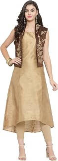 AD4U Women's Beige Raw Silk A-Line Kurti with Brown Embroidered Nehru Jacket, Ankle Length, Relaxed Fit Price In India