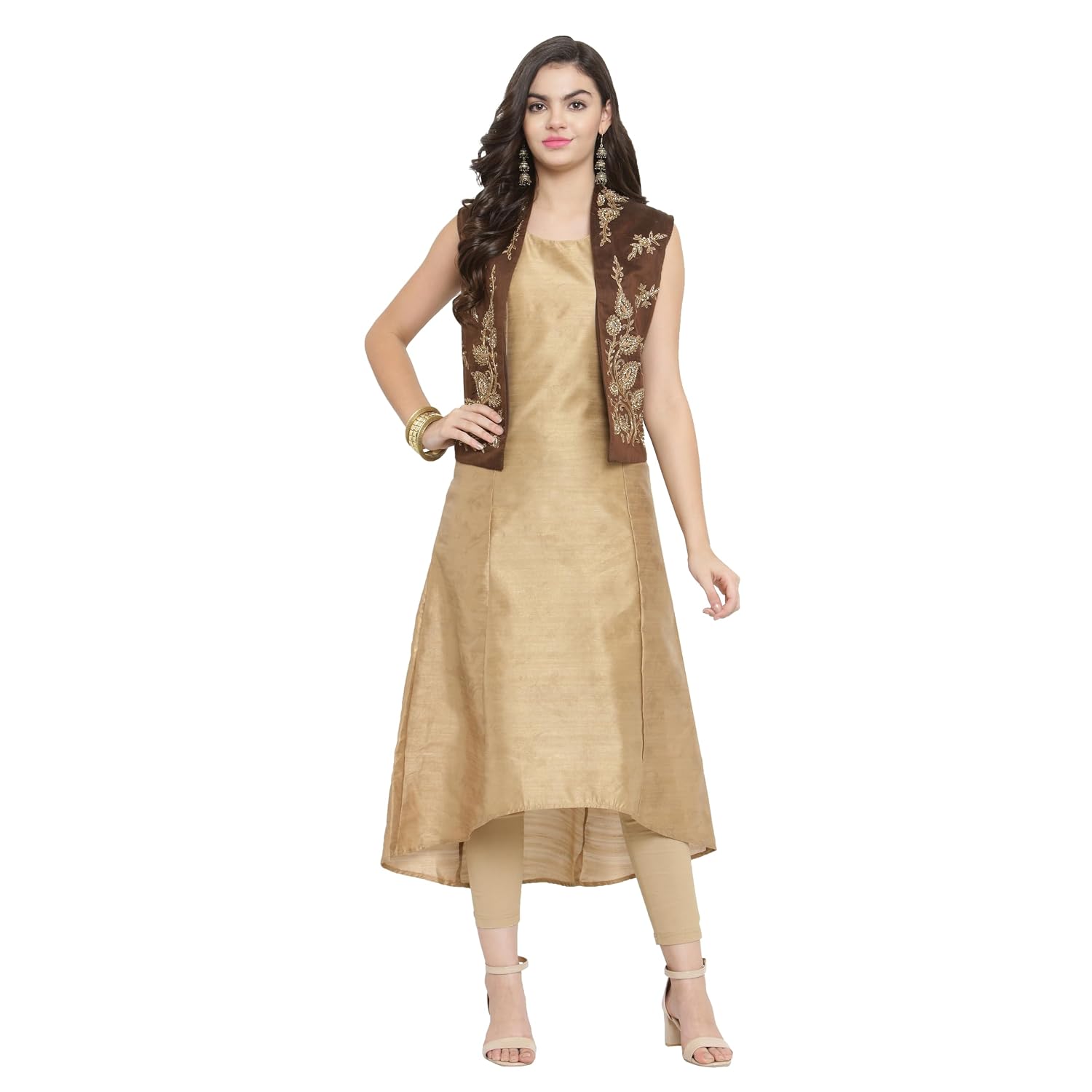 AD4U Women's Beige Raw Silk A-Line Kurti with Brown Embroidered Nehru Jacket, Ankle Length, Relaxed Fit - Review, Price and Buying Guide